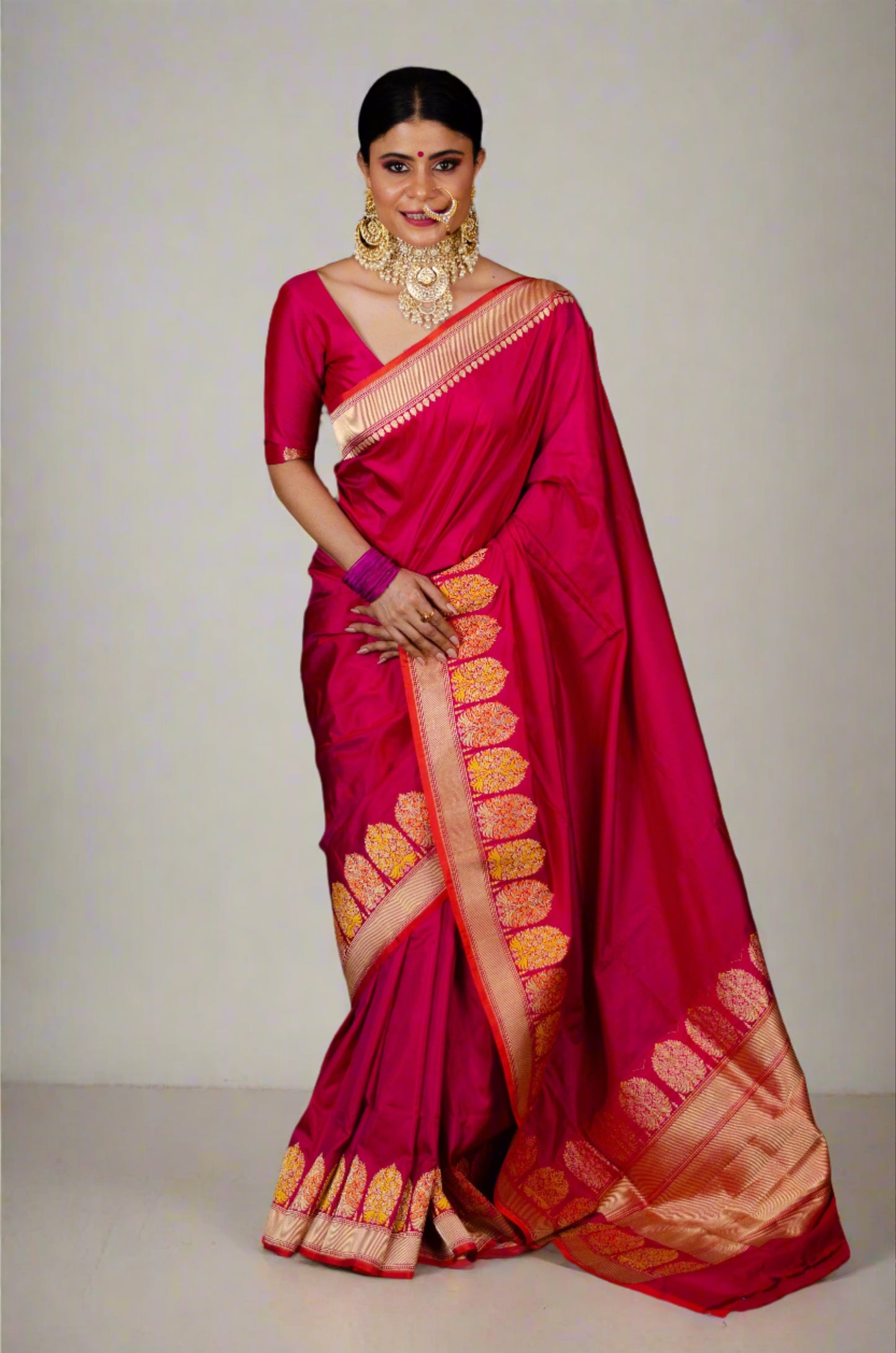 Rani Pink Colour Handwoven Kadwa Meenakari Katan Silk Banarasi Saree