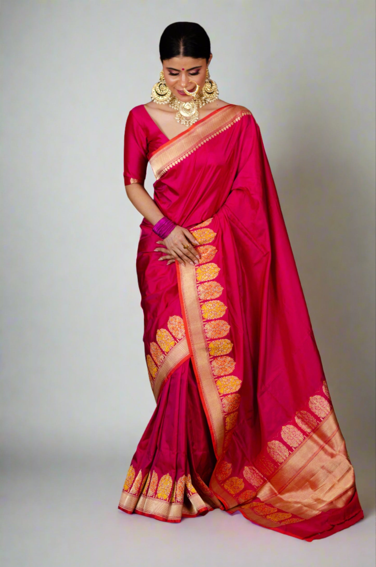 Rani Pink Colour Handwoven Kadwa Meenakari Katan Silk Banarasi Saree