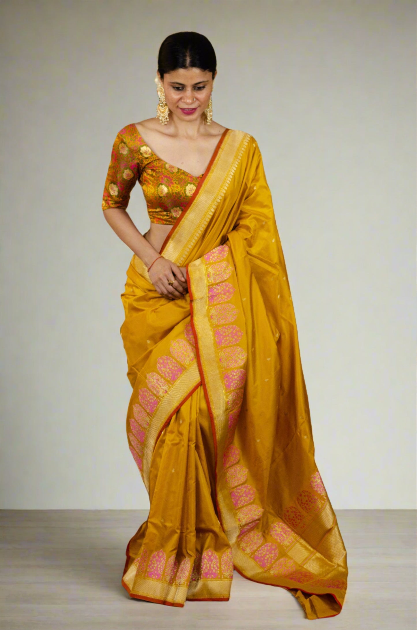 Haldi Yellow kadwa Meenakari Katan Handloom Banarasi Silk Saree.
