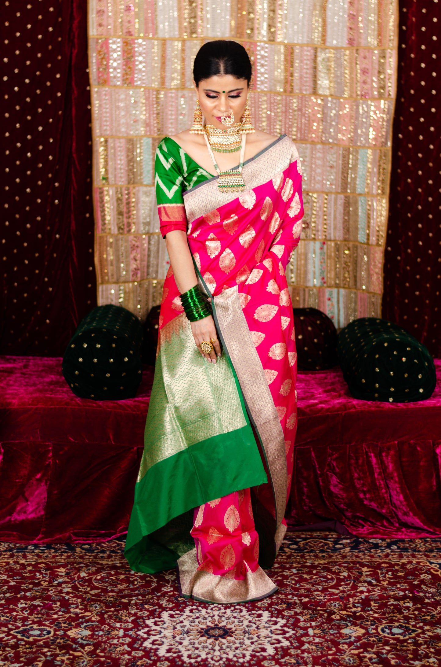 Pink Body & Green Colour Border Colour Handloom Katan Silk Banarasi Saree