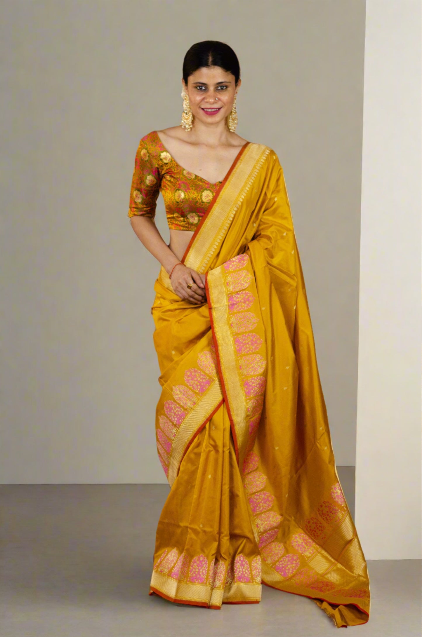 Haldi Yellow kadwa Meenakari Katan Handloom Banarasi Silk Saree.