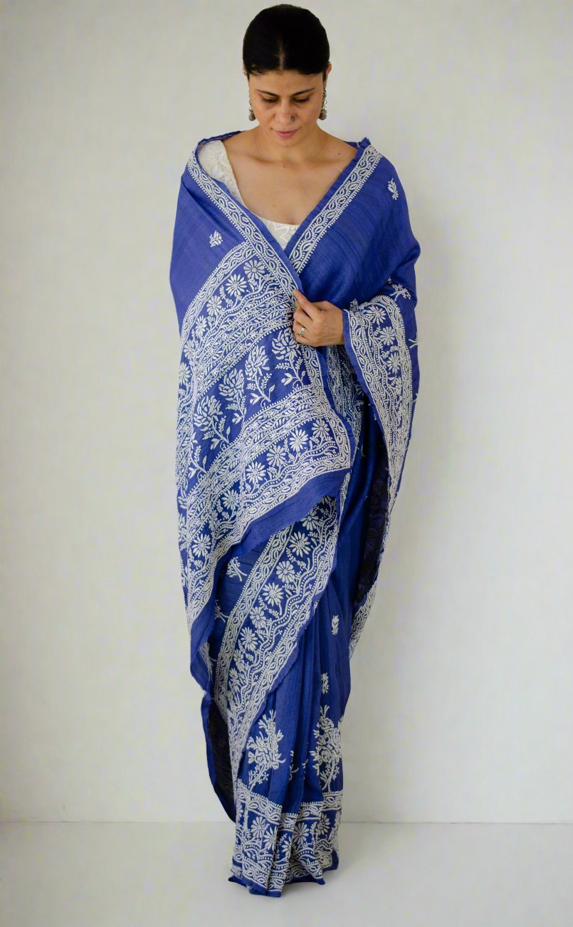 Pure handloom tussar silk saree with intricate hand embroidered chikankari in skirt border