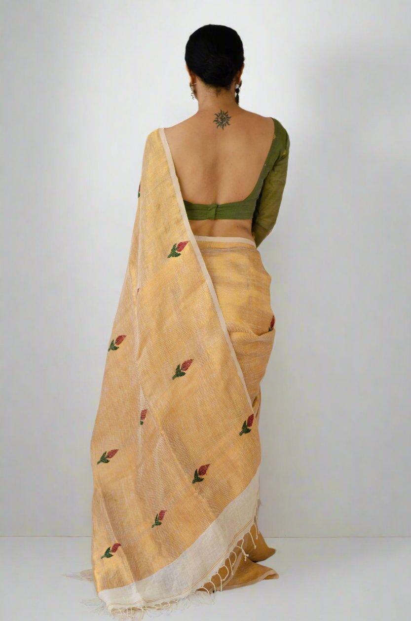 Handwoven Twill Metalic Linen Jamdani Saree