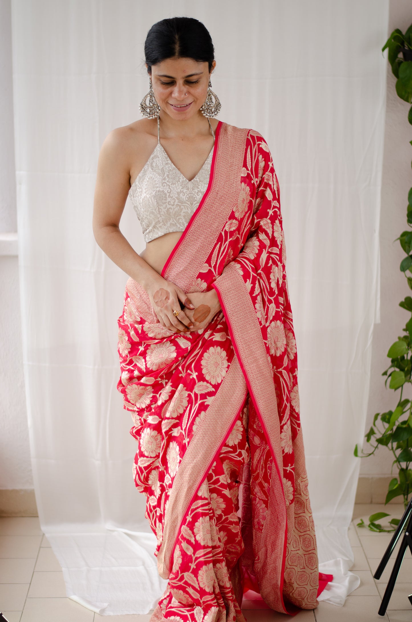 Deep Red Colour Handloom Khaddi Chiffon Banarasi silk Saree
