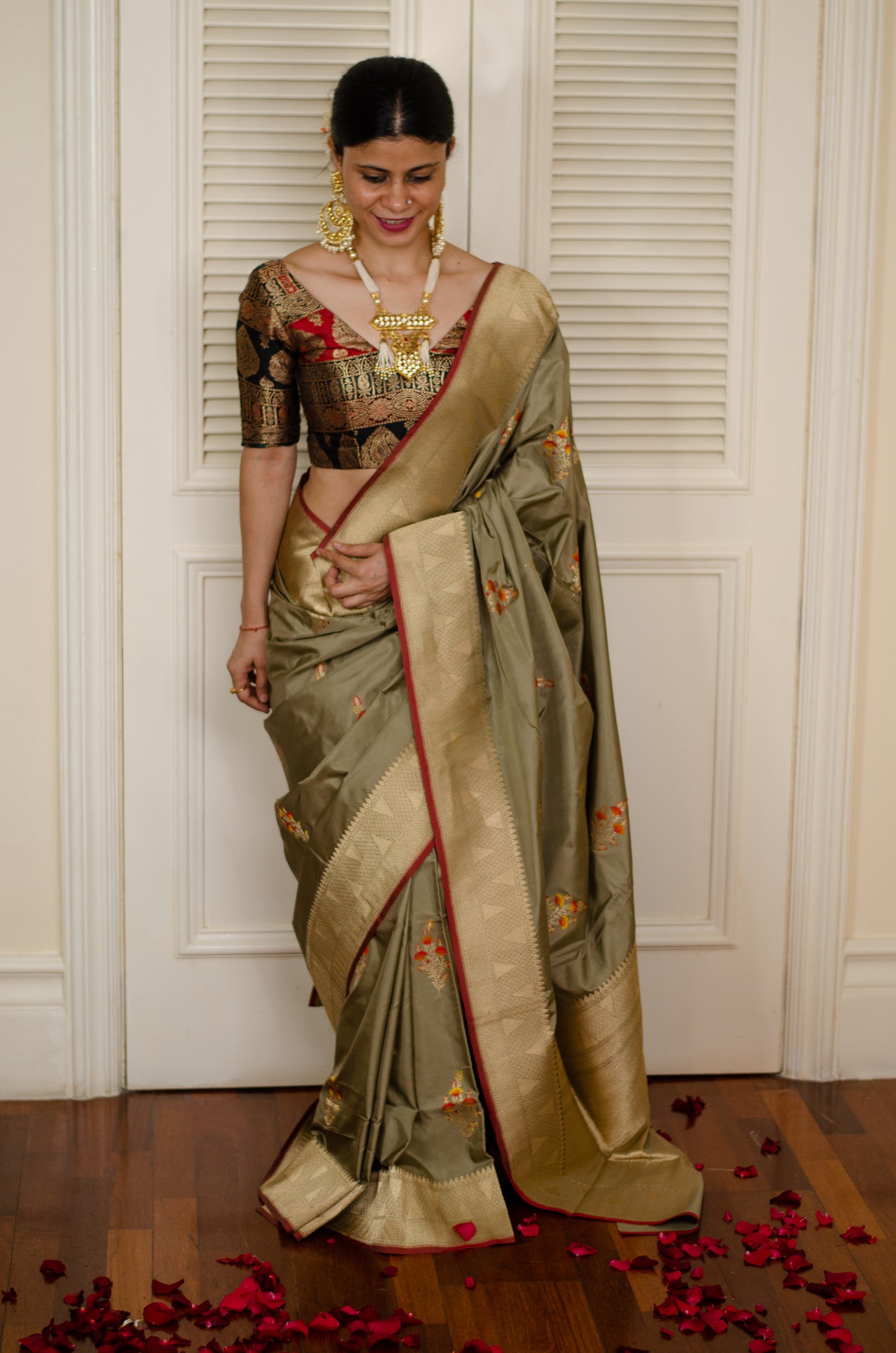Mix of Sage Green and Gray Kadwa Meenakari Katan Handloom Banarasi Silk Saree.