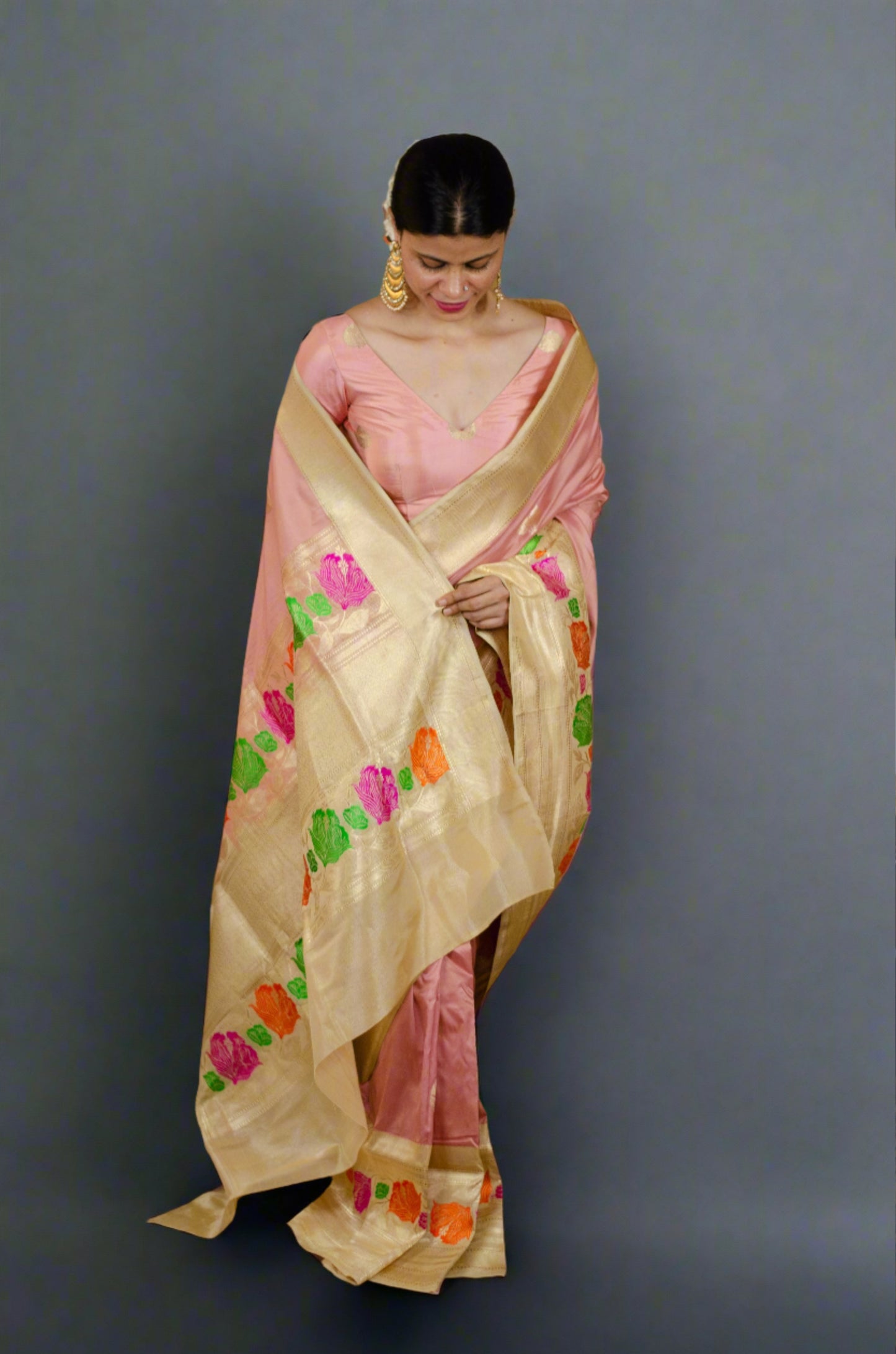 Peach and Beige Colour Kadwa Rangkart Katan Banarasi Silk
