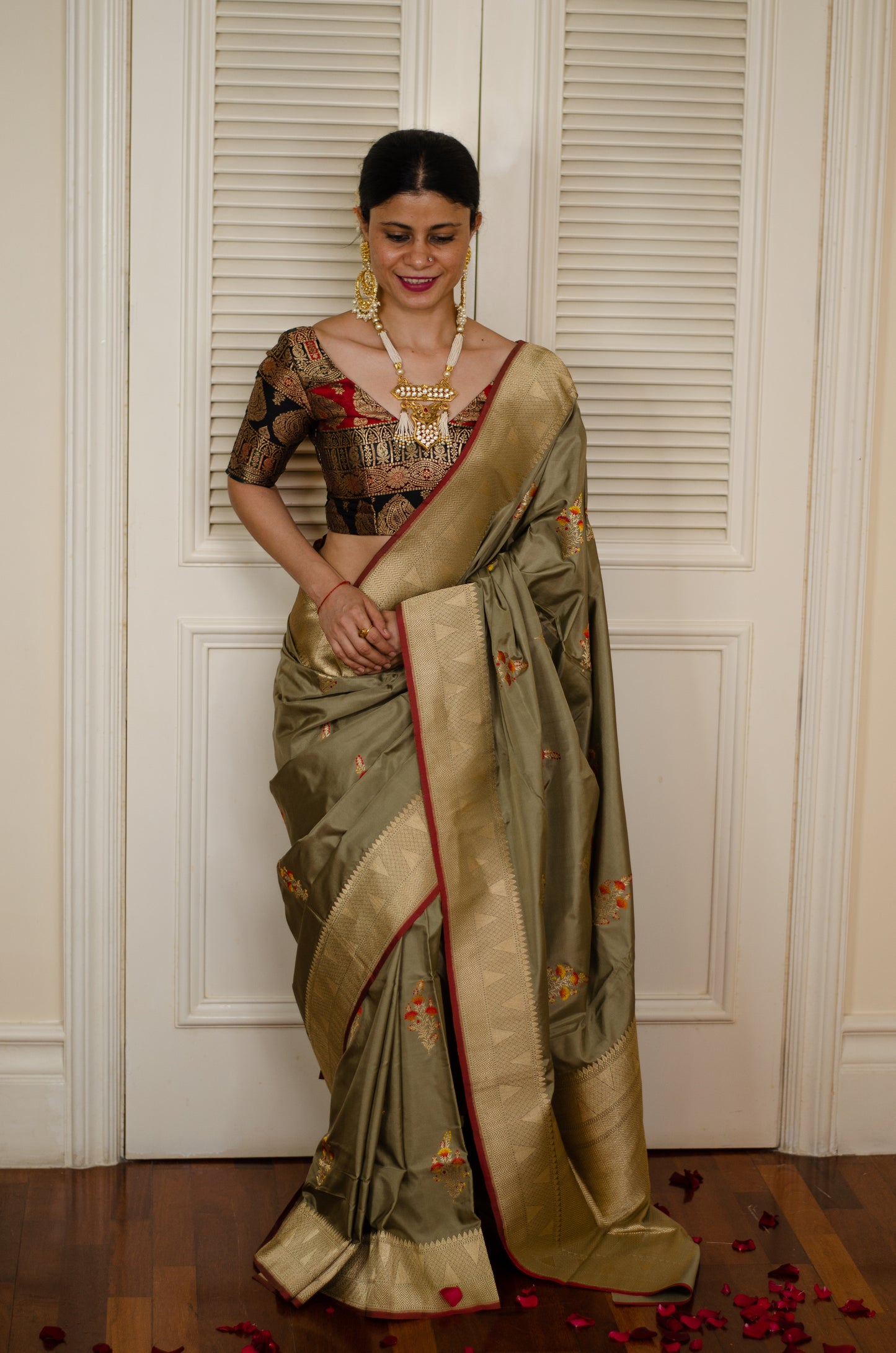 Mix of Sage Green and Gray Kadwa Meenakari Katan Handloom Banarasi Silk Saree.