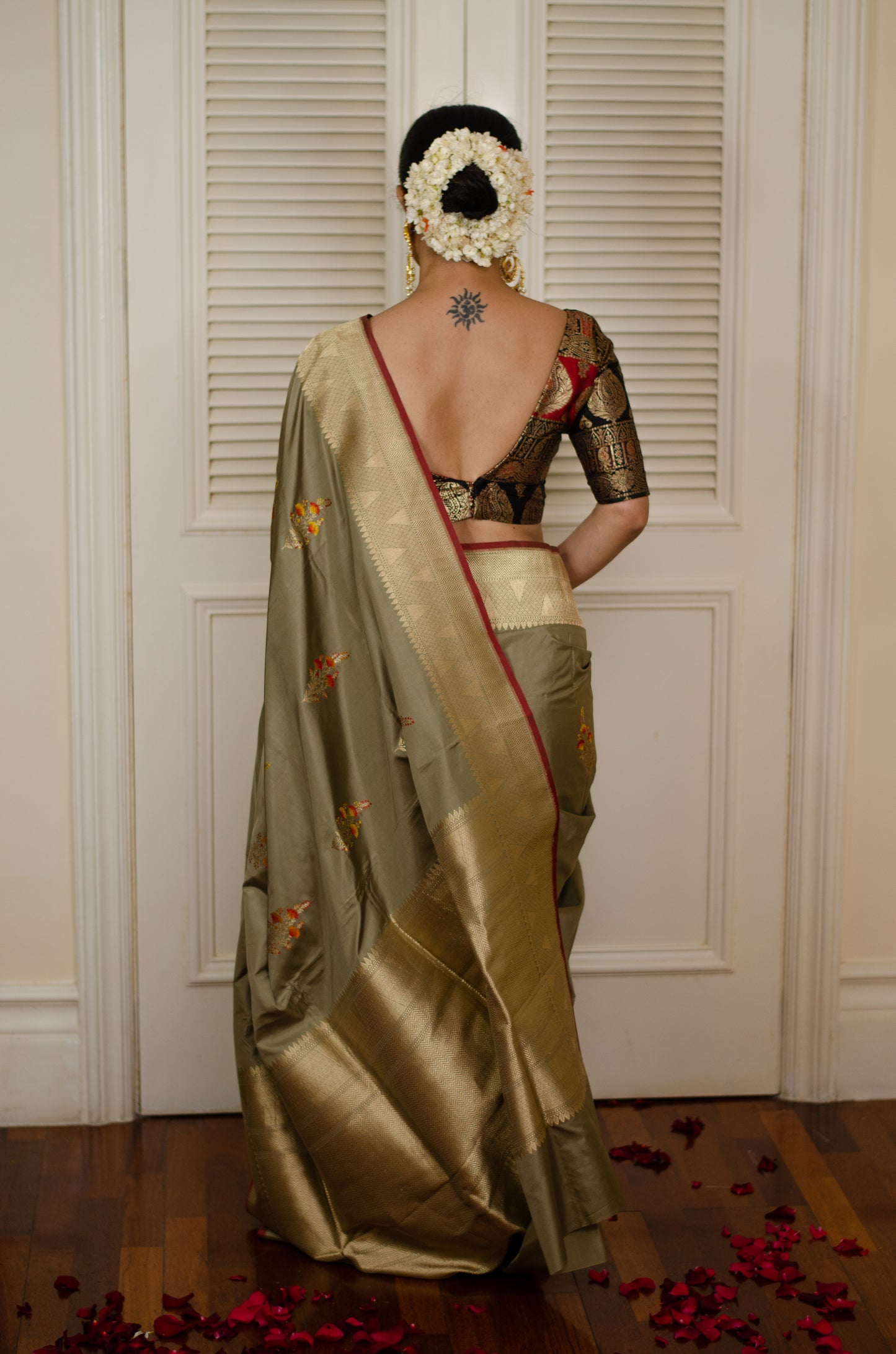 Mix of Sage Green and Gray Kadwa Meenakari Katan Handloom Banarasi Silk Saree.