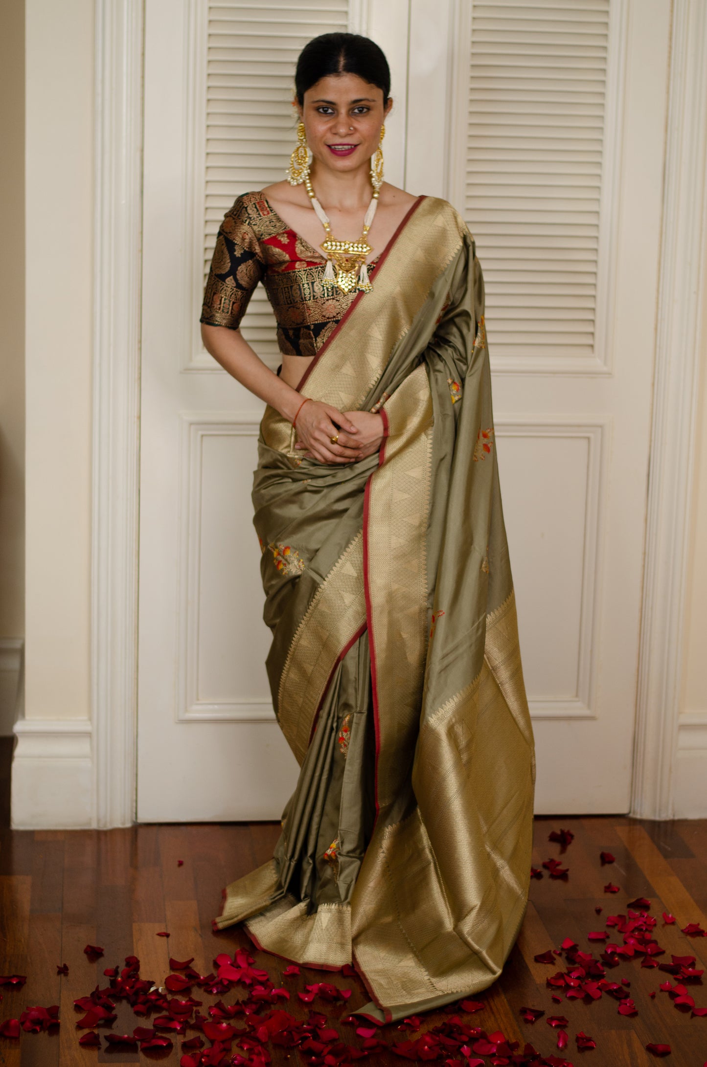 Mix of Sage Green and Gray Kadwa Meenakari Katan Handloom Banarasi Silk Saree.