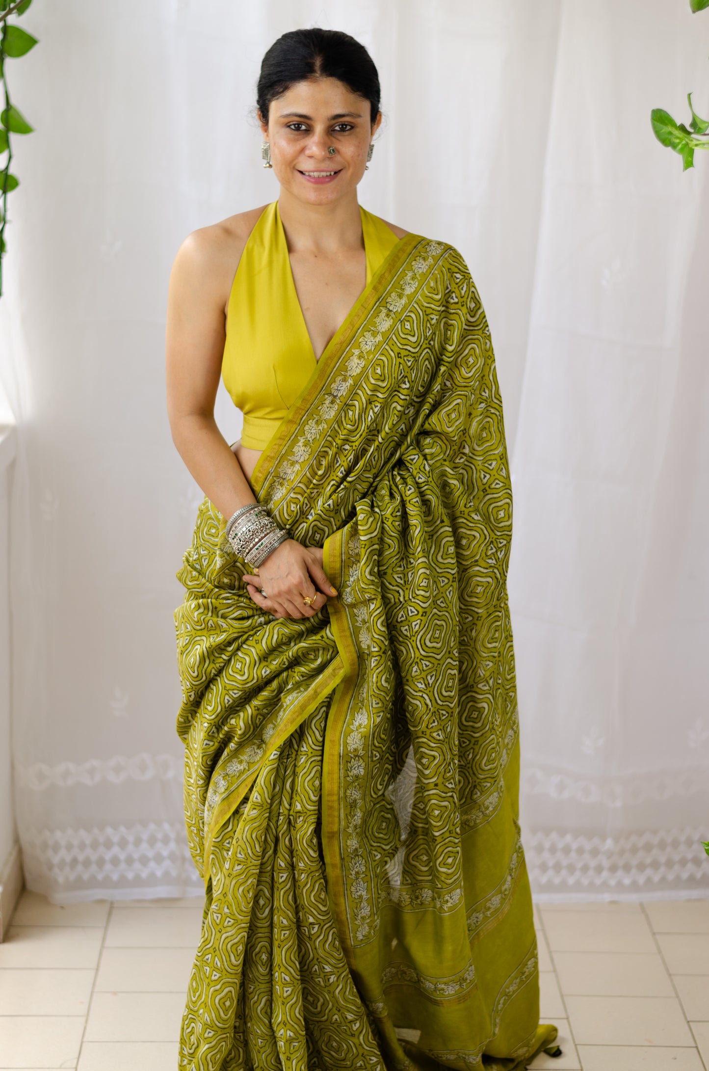 Pure Chanderii Silk Saree in handblock printed with tassels