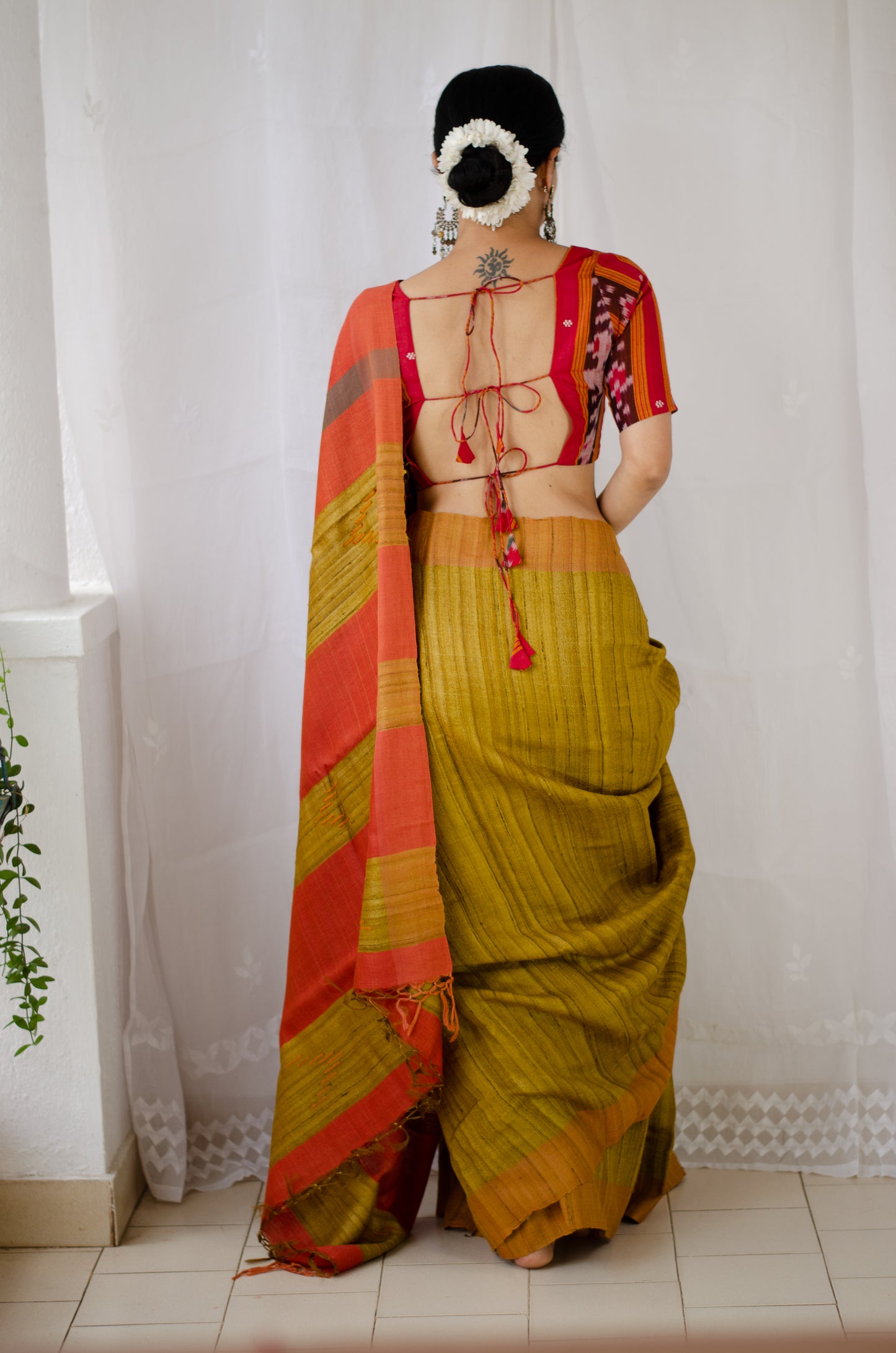 Mustard & Mehandi Mix Colour Handloom Tussar Silk Saree.