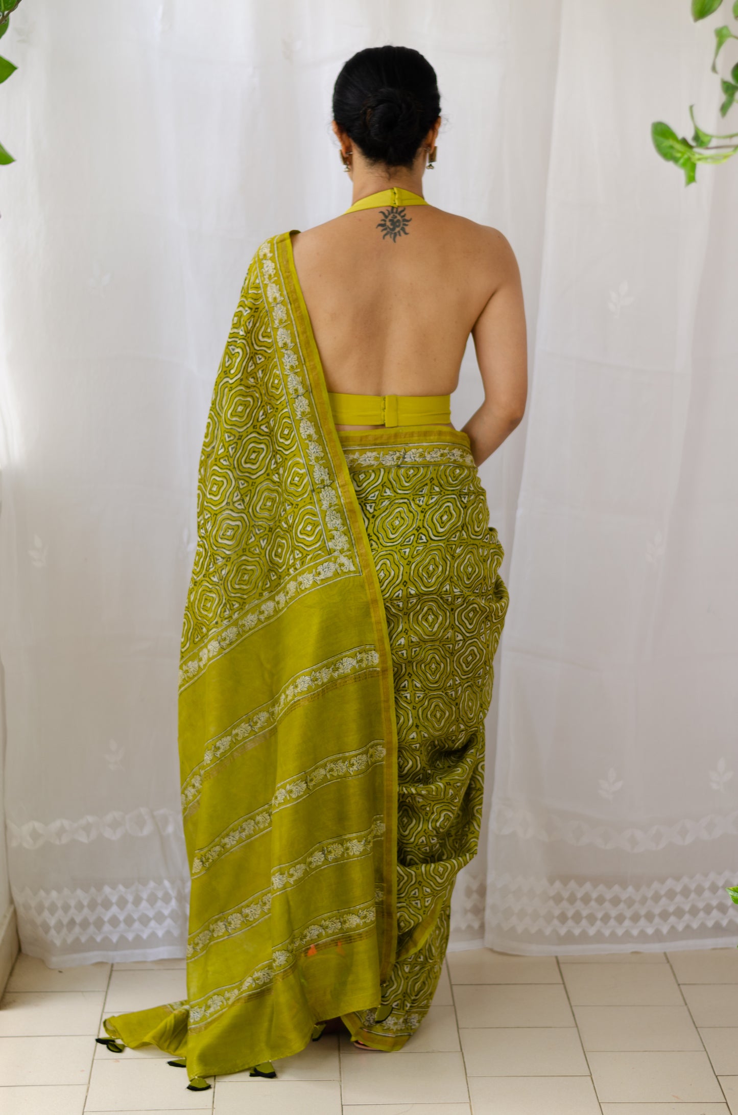 Pure Chanderii Silk Saree in handblock printed with tassels