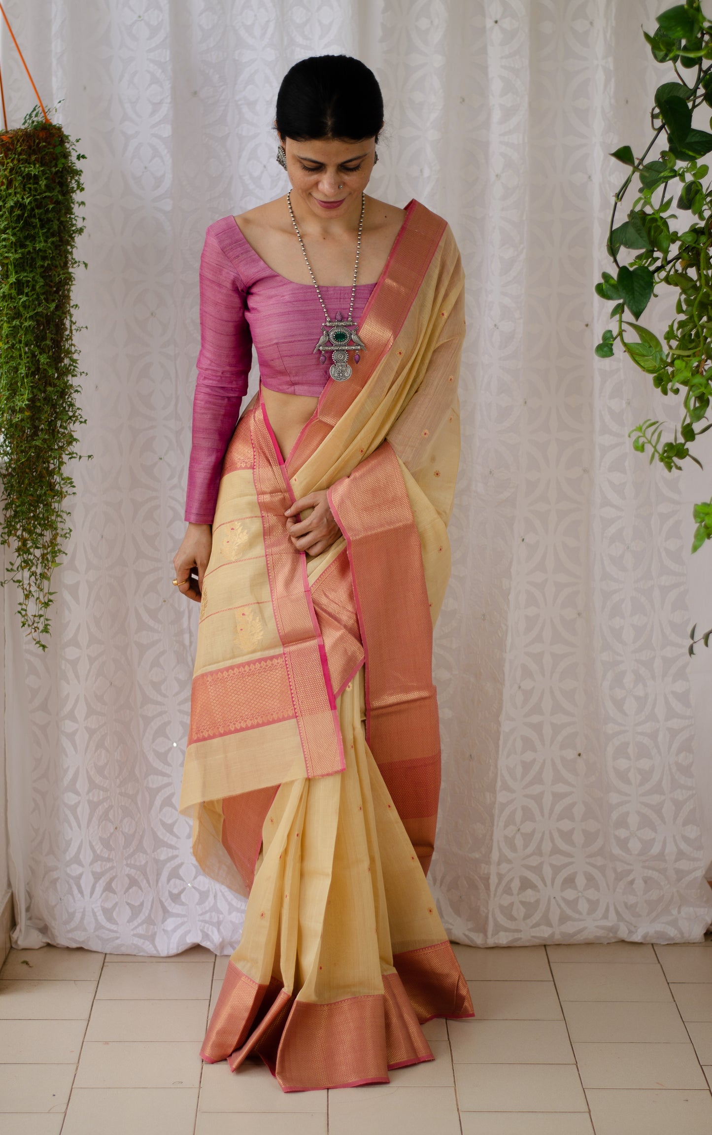 Beige Colour Handloom Chanderi Tissue Silk Saree with zari  bootis motifs.