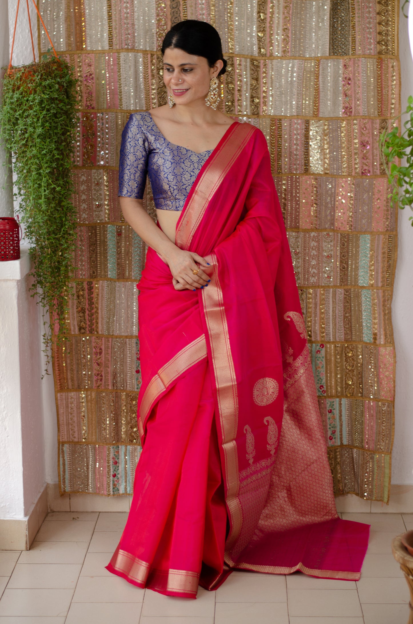 Deep Rani Pink Colour Handloom Chanderi Katan Silk Saree.