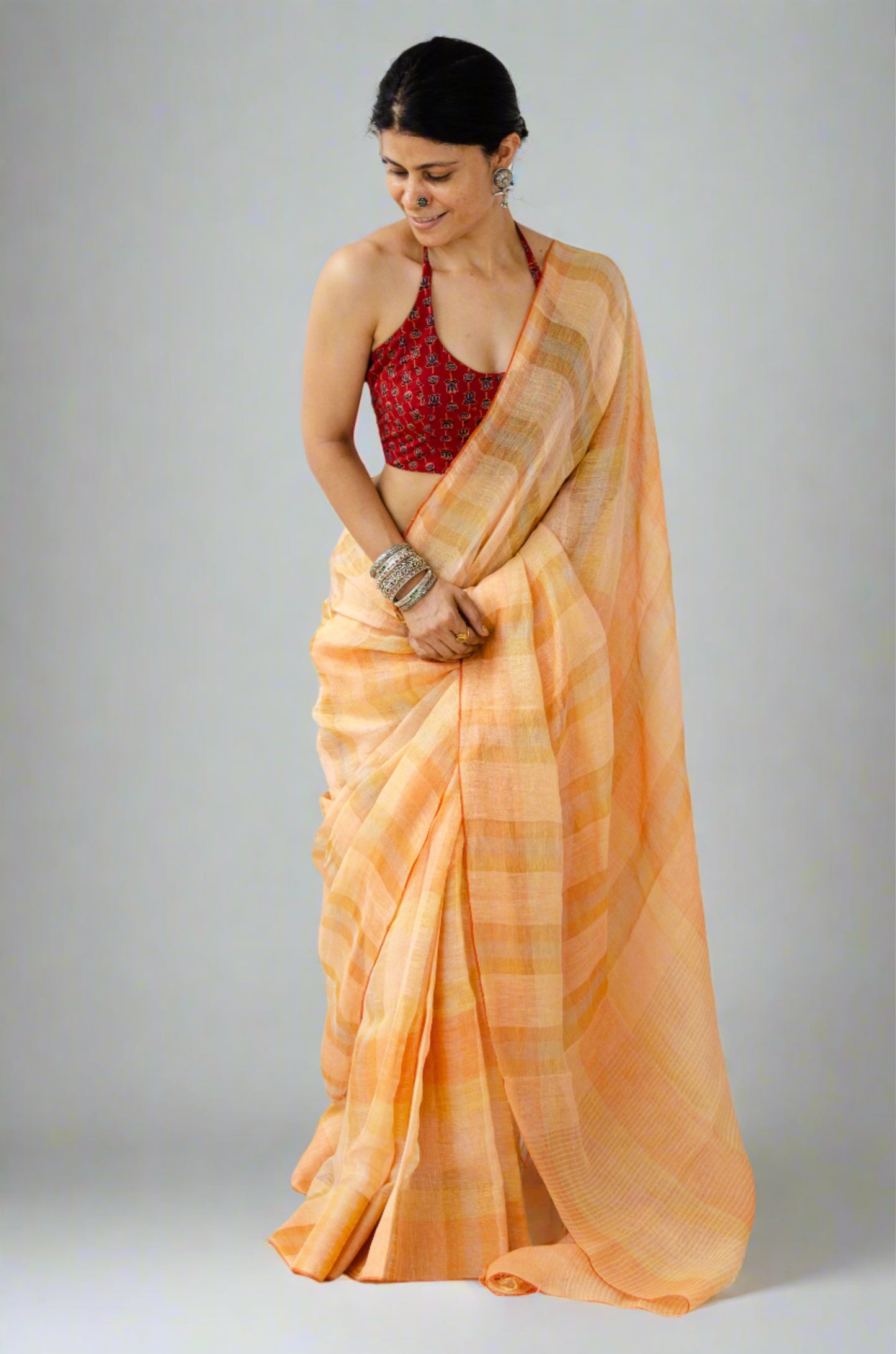 Handloom Linen Saree with jari stripes