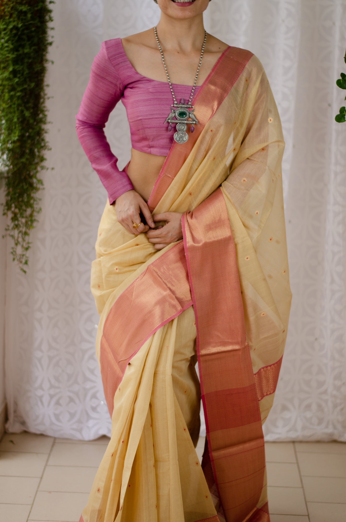 Beige Colour Handloom Chanderi Tissue Silk Saree with zari  bootis motifs.