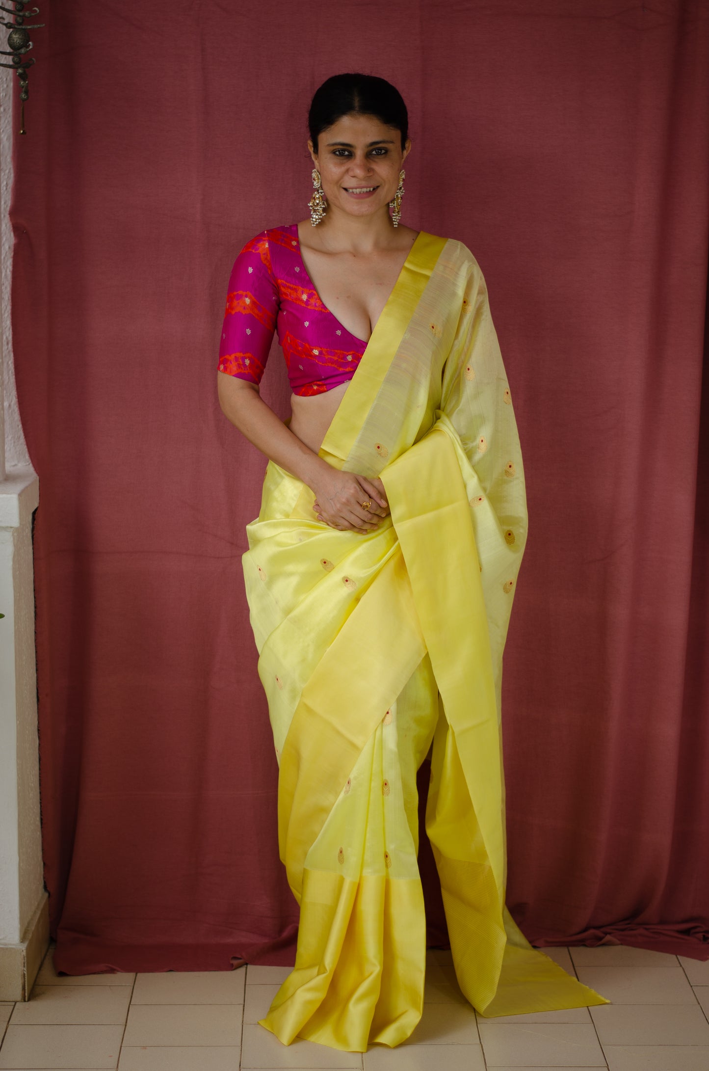 Neon Yellow Colour With Mashru Border Handloom Chanderi Silk Saree.