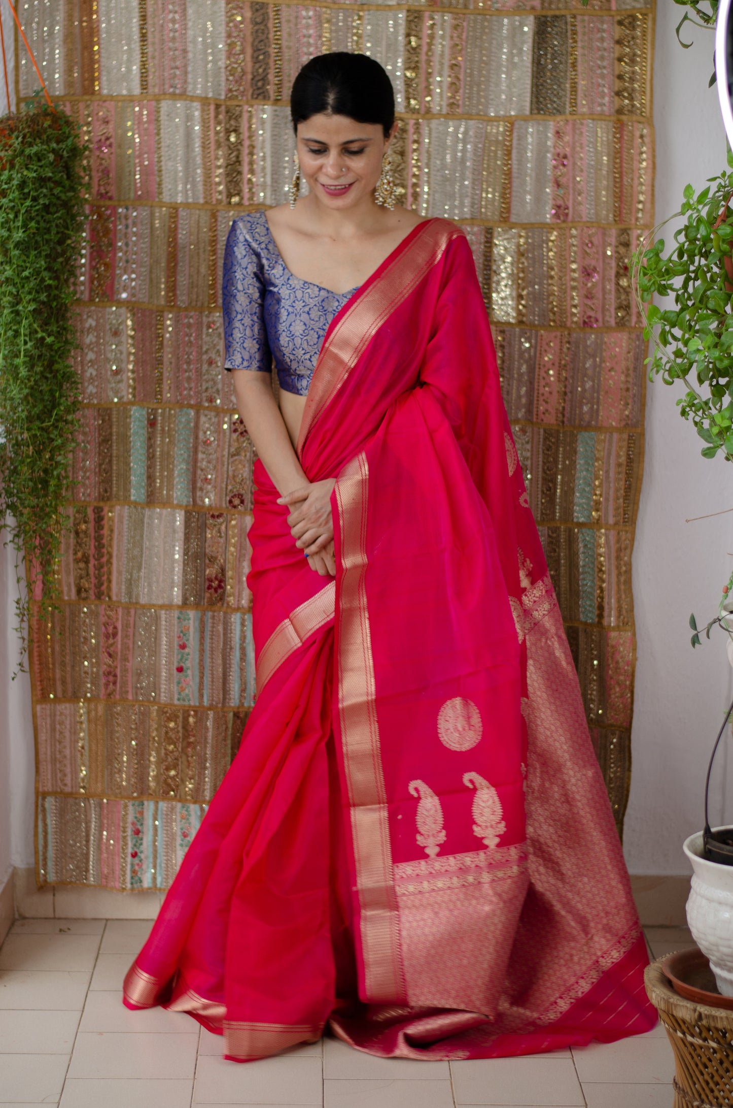 Deep Rani Pink Colour Handloom Chanderi Katan Silk Saree.