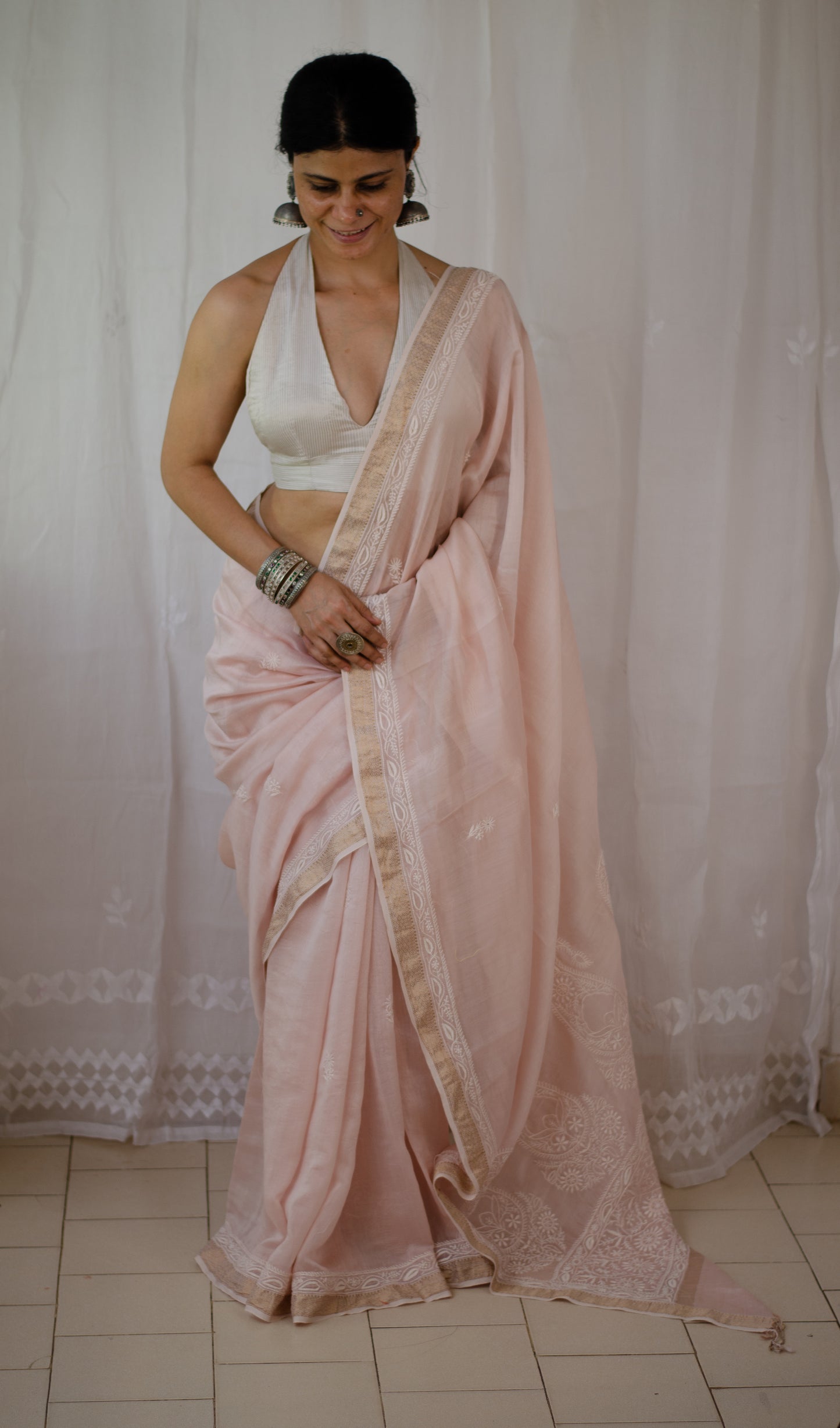Handembroidered & Handloom Maheswari Silk Chikankari Saree