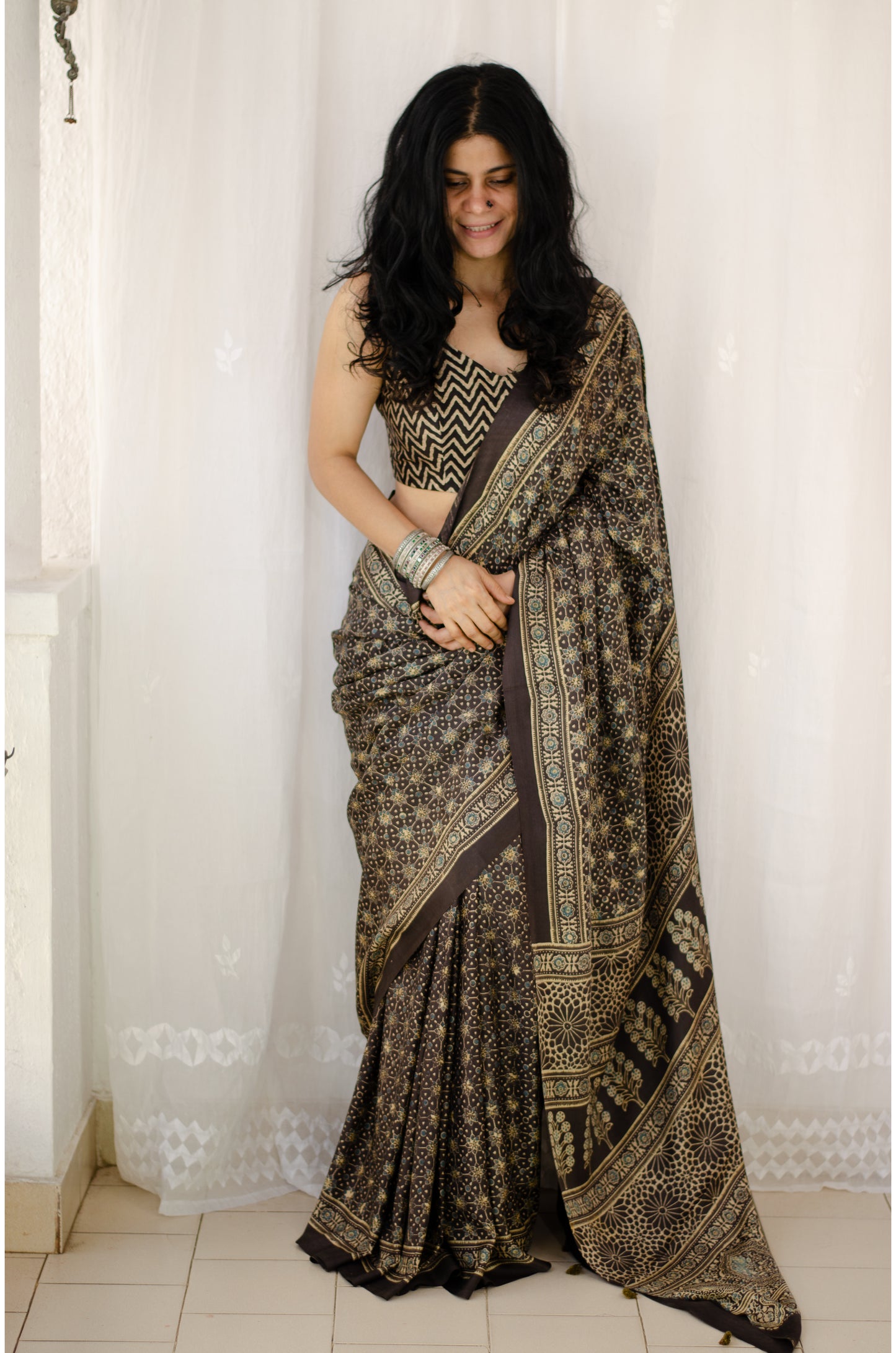 Natural Dyed Handblock Printed Ajrakh Gaji Silk Saree