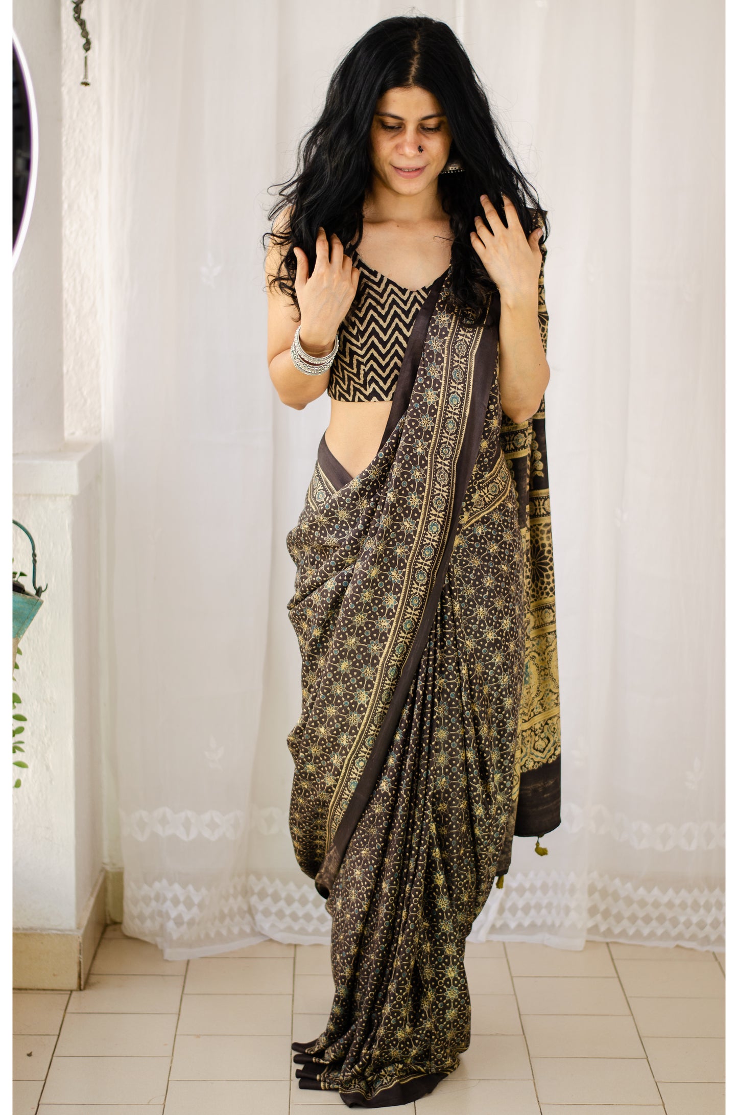 Natural Dyed Handblock Printed Ajrakh Gaji Silk Saree