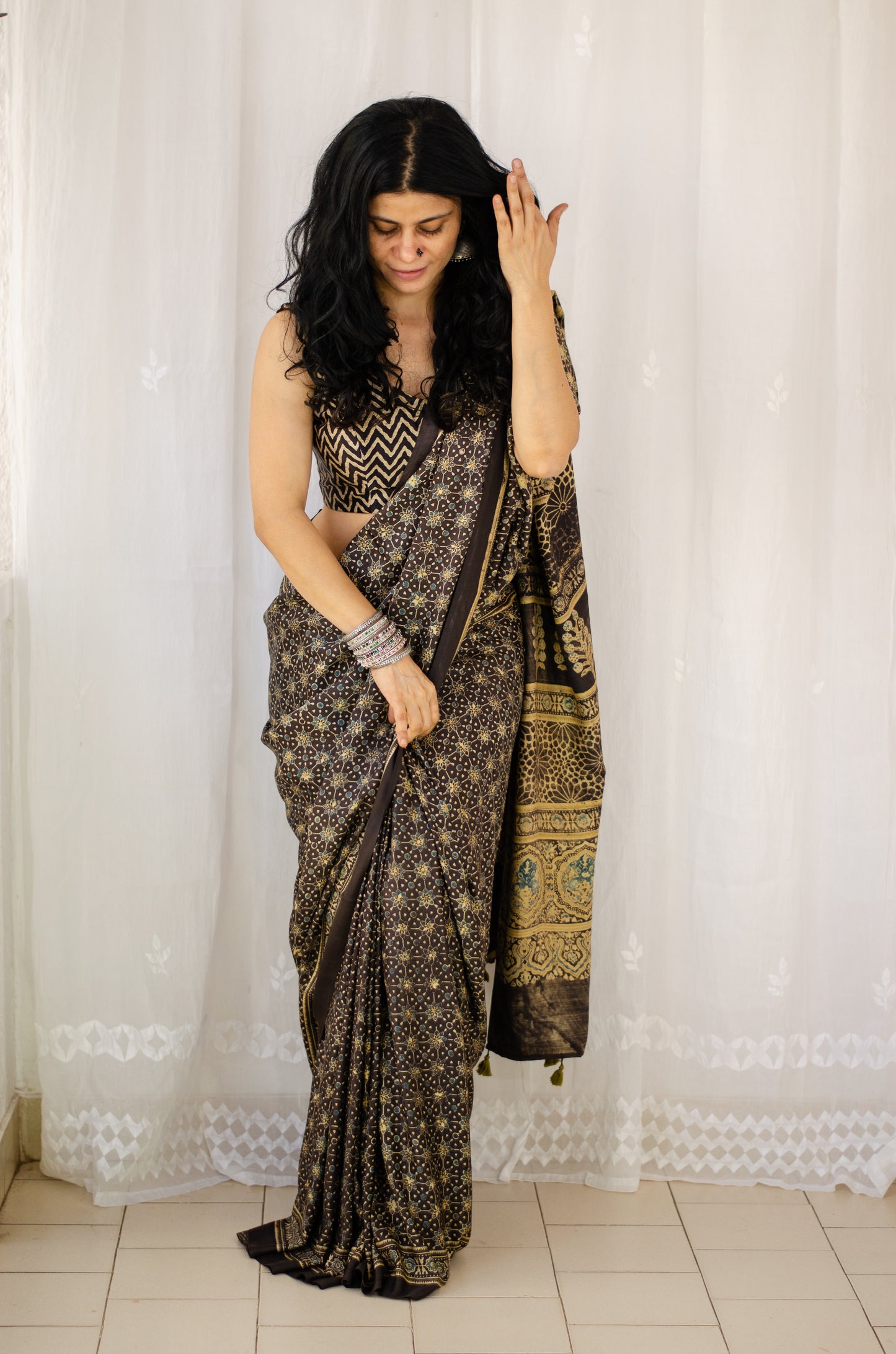 Natural Dyed Handblock Printed Ajrakh Gaji Silk Saree