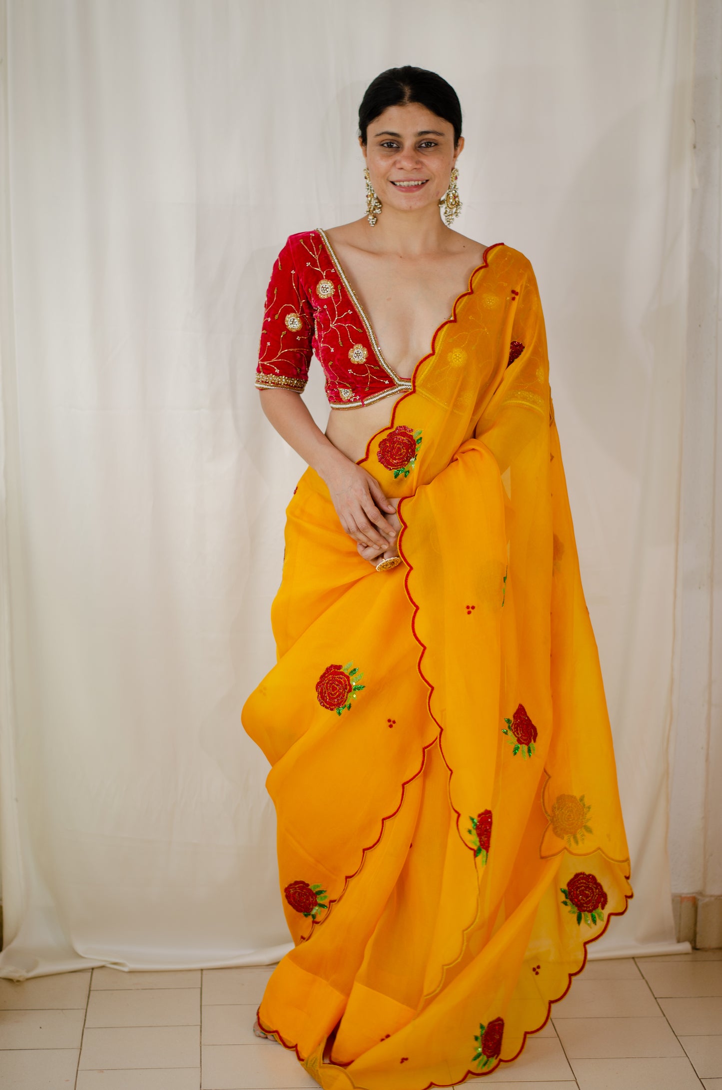 Hand Embroidered Handloom Organza Silk Saree.