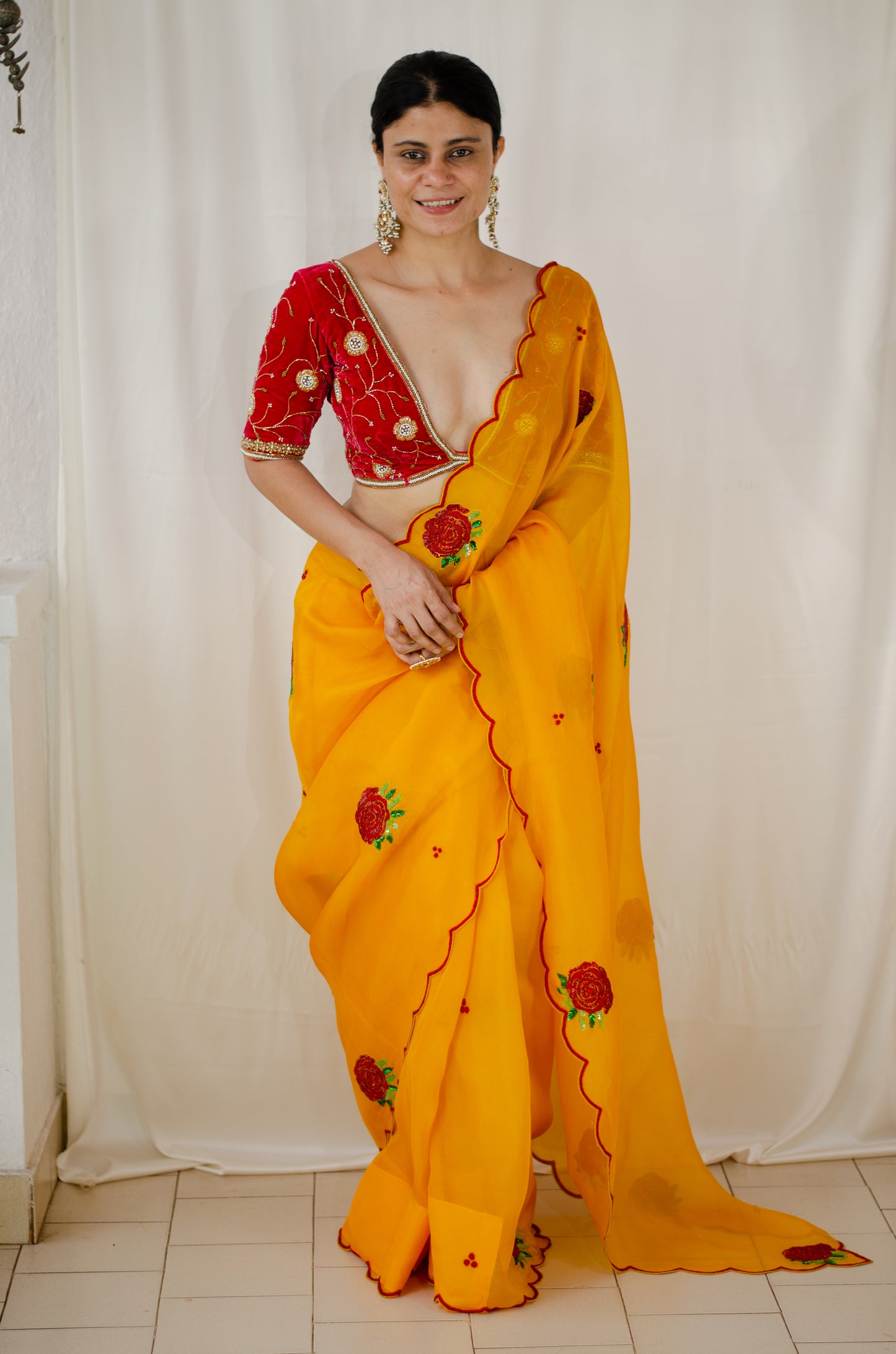 Hand Embroidered Handloom Organza Silk Saree.