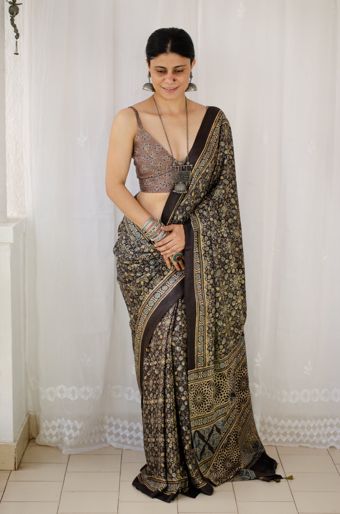 Natural Dyed Handblock Printed Ajrakh Gaji Silk Saree