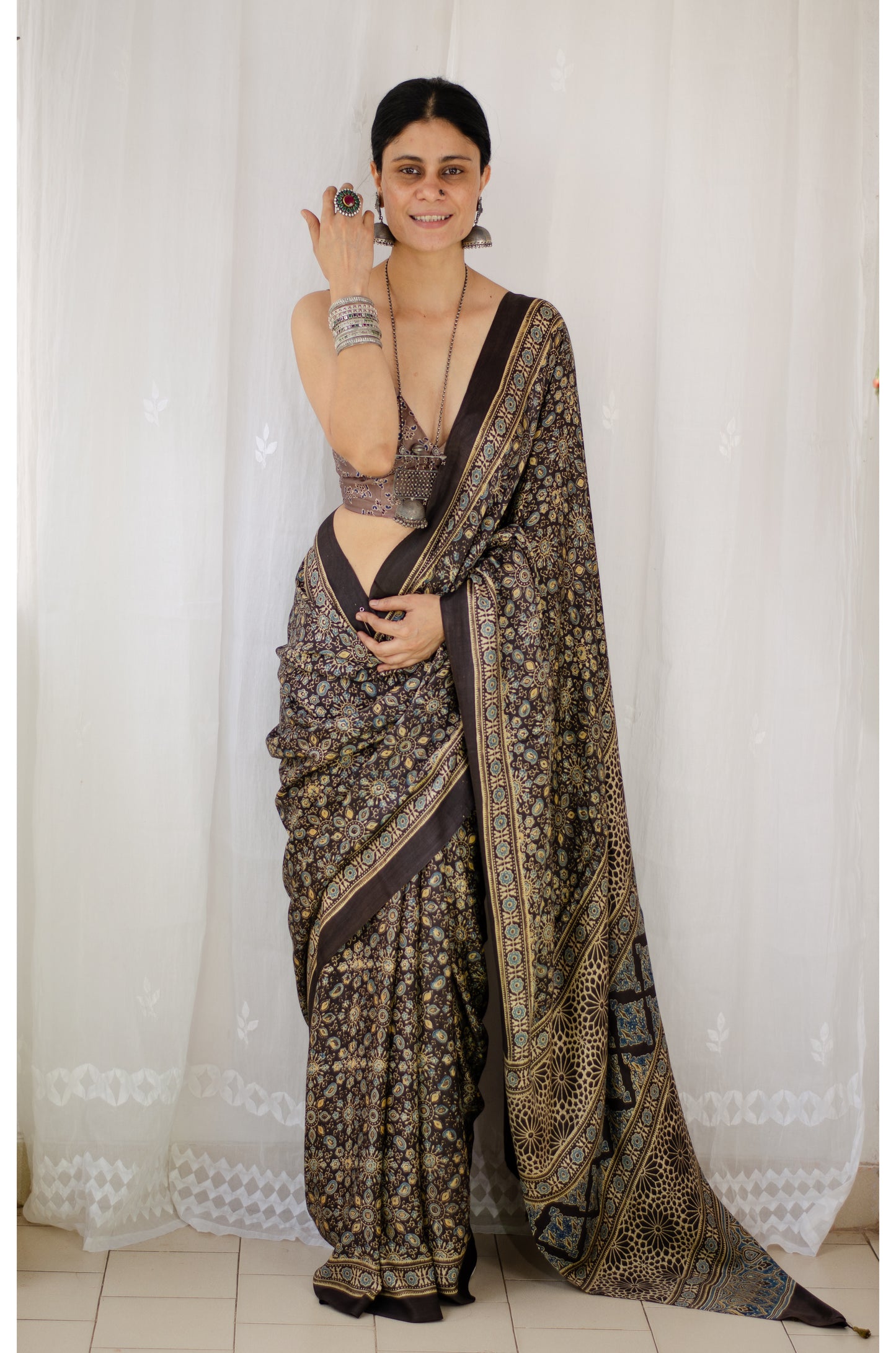 Natural Dyed Handblock Printed Ajrakh Gaji Silk Saree