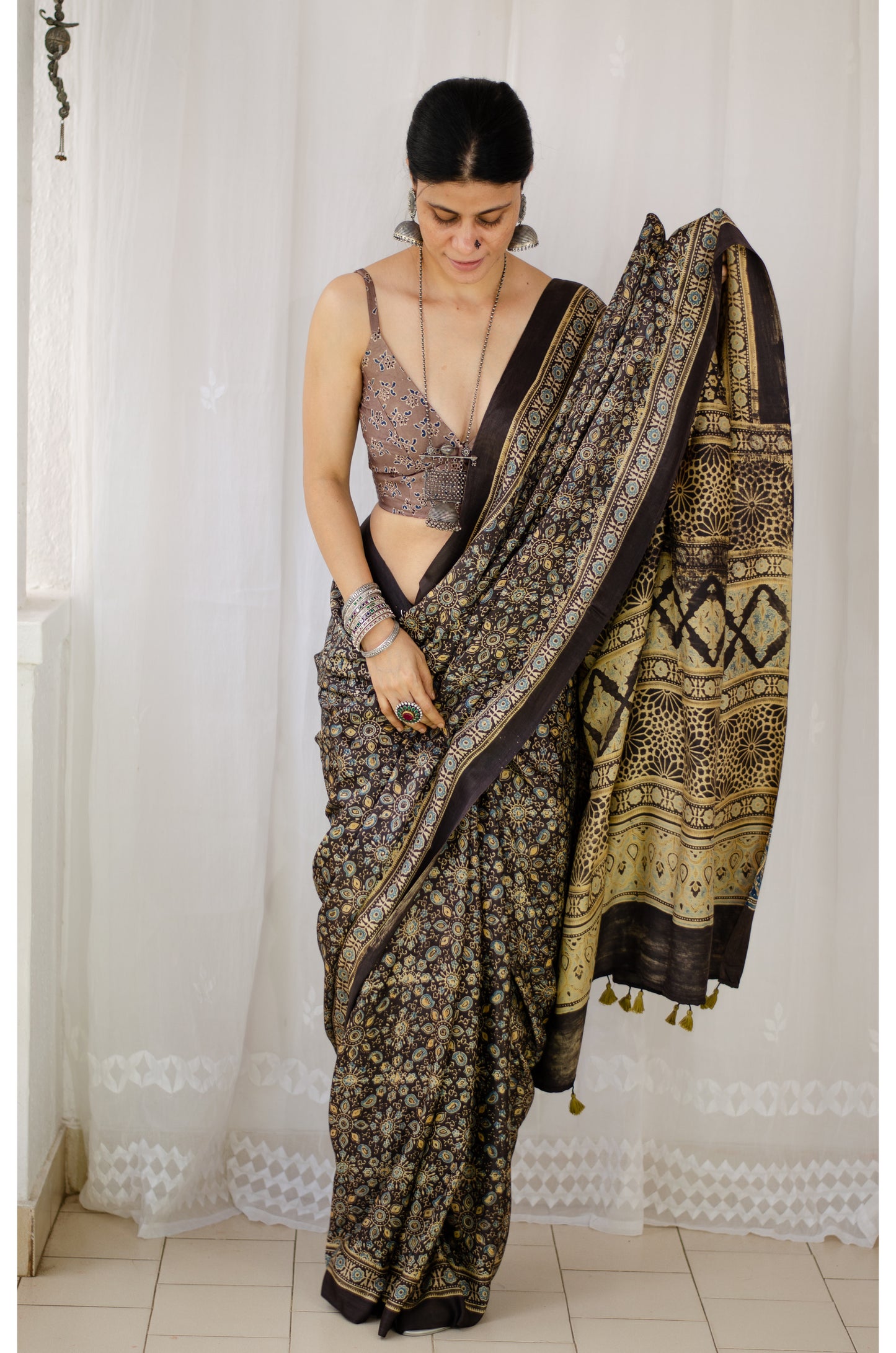 Natural Dyed Handblock Printed Ajrakh Gaji Silk Saree