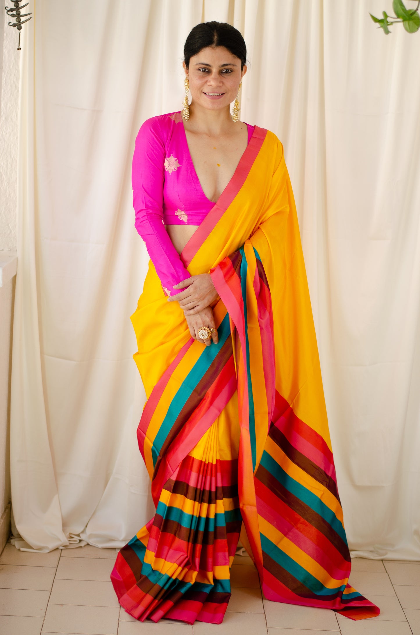 Yellow Colour Handloom Chanderi Pattu Silk Saree with Mashru border