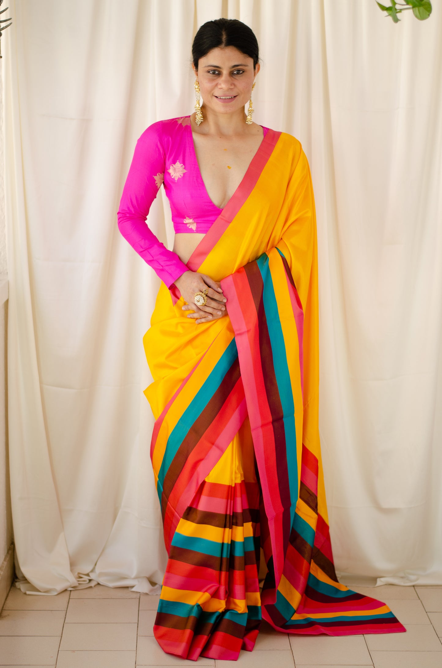 Yellow Colour Handloom Chanderi Pattu Silk Saree with Mashru border
