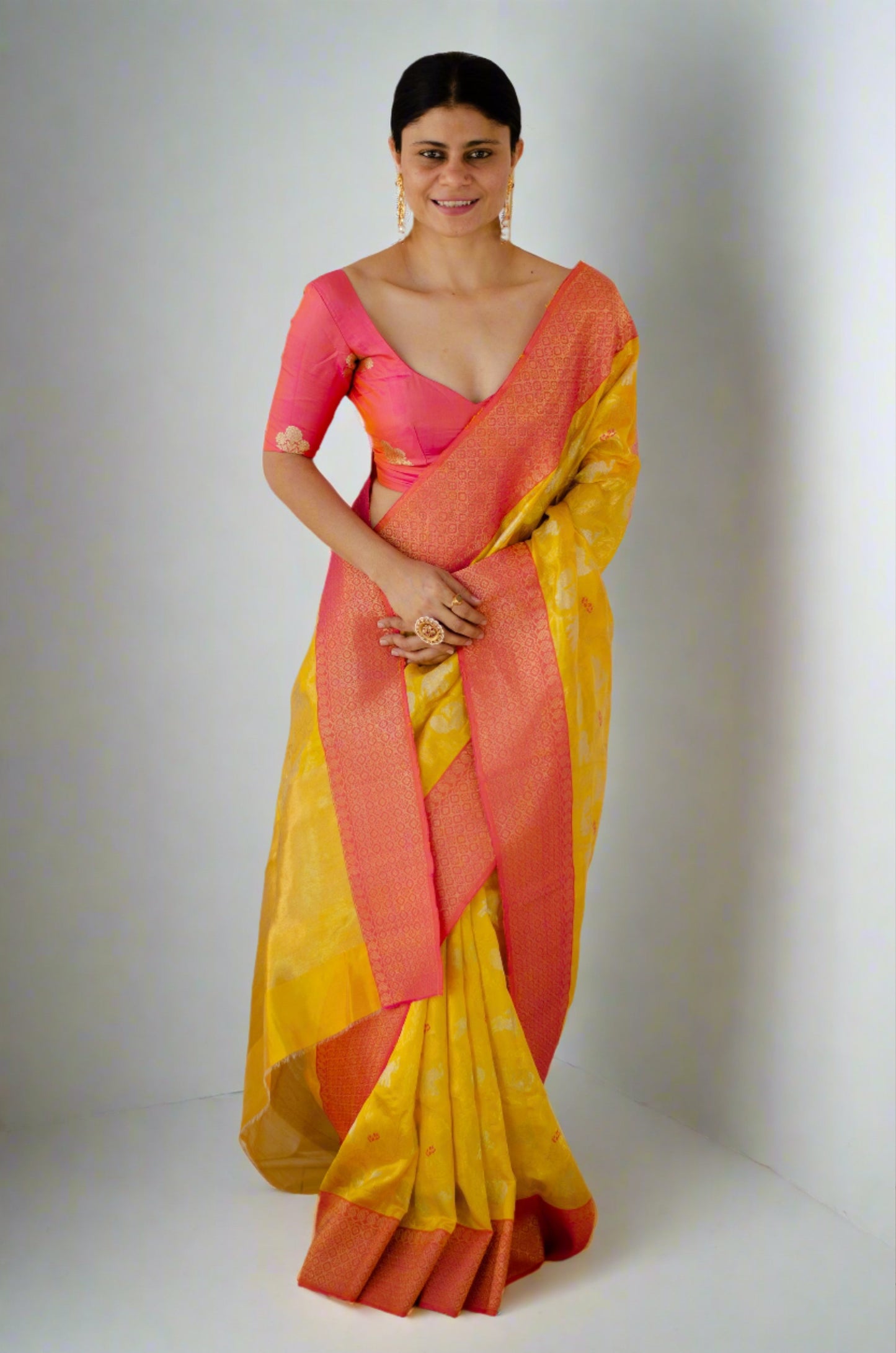 Yellow & Rani Border Colour Handloom Chanderi Pattu Silk Saree with Jaal motifs & mashru Border