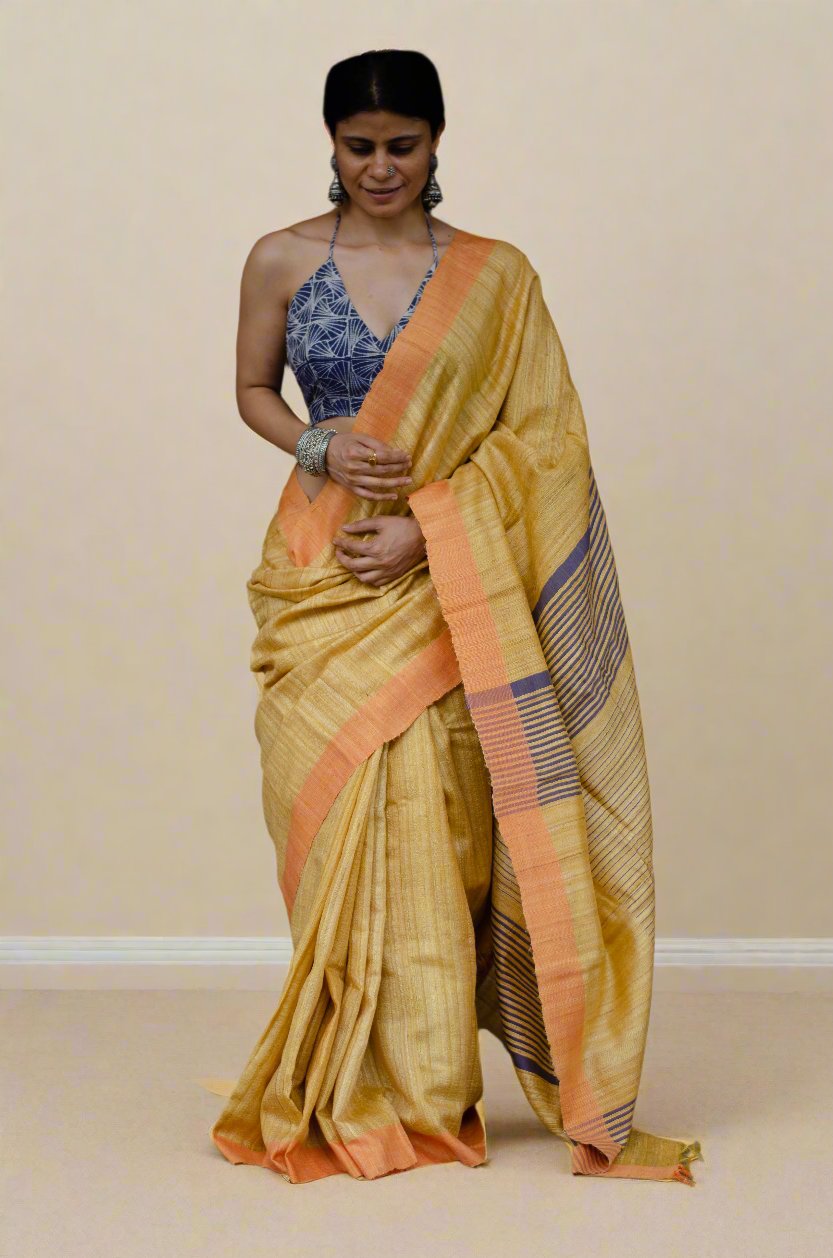 Gold Yellow & Blue Colour Handloom Tussar Silk Saree
