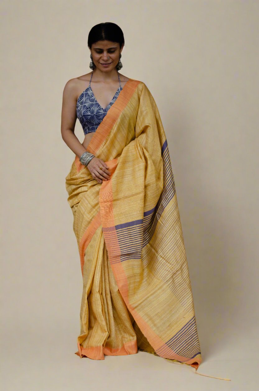 Gold Yellow & Blue Colour Handloom Tussar Silk Saree