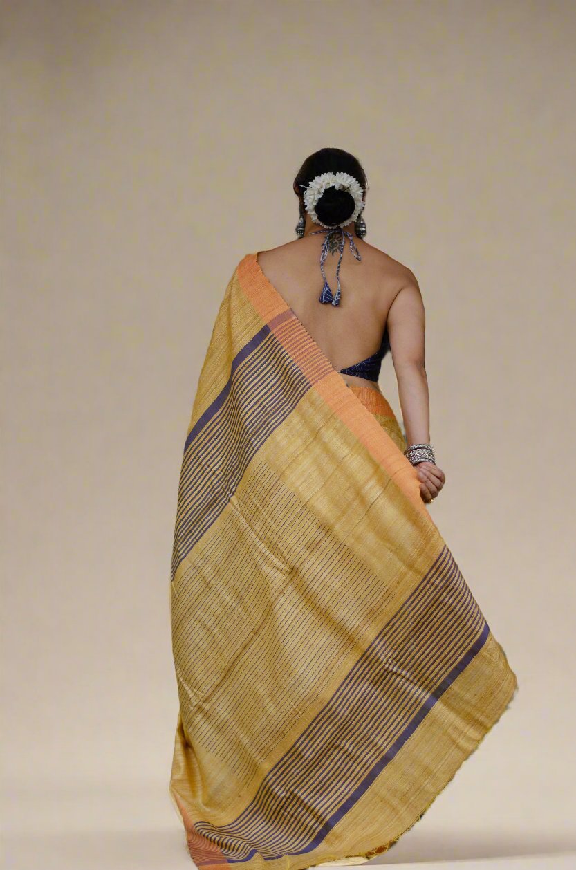 Gold Yellow & Blue Colour Handloom Tussar Silk Saree