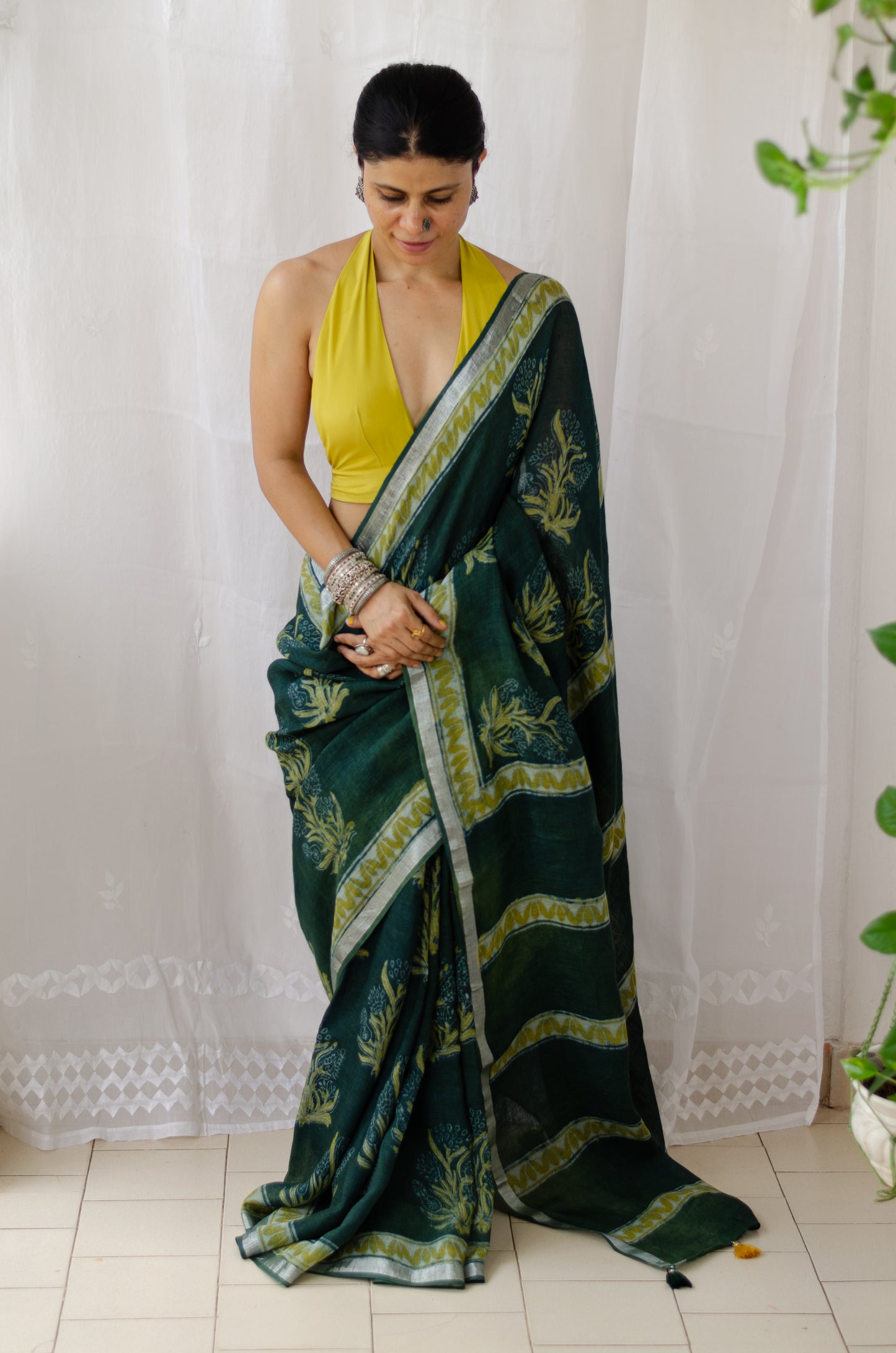 Hand block printed Pure linen Saree with tassels
