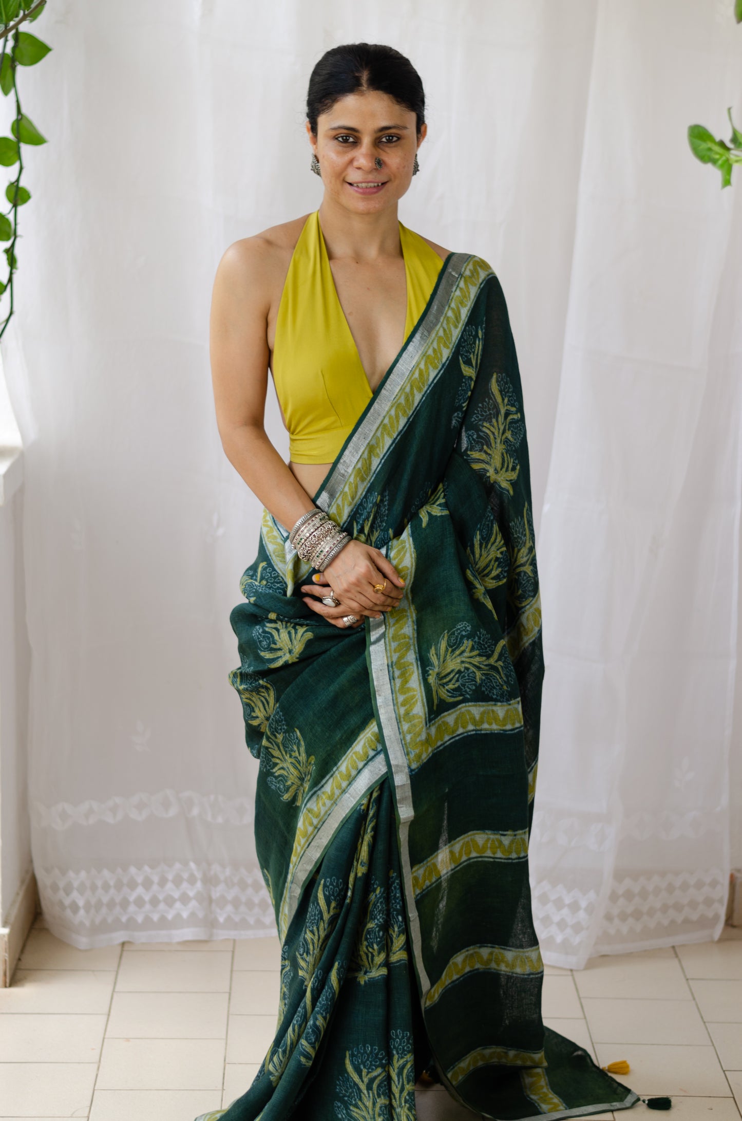 Hand block printed Pure linen Saree with tassels