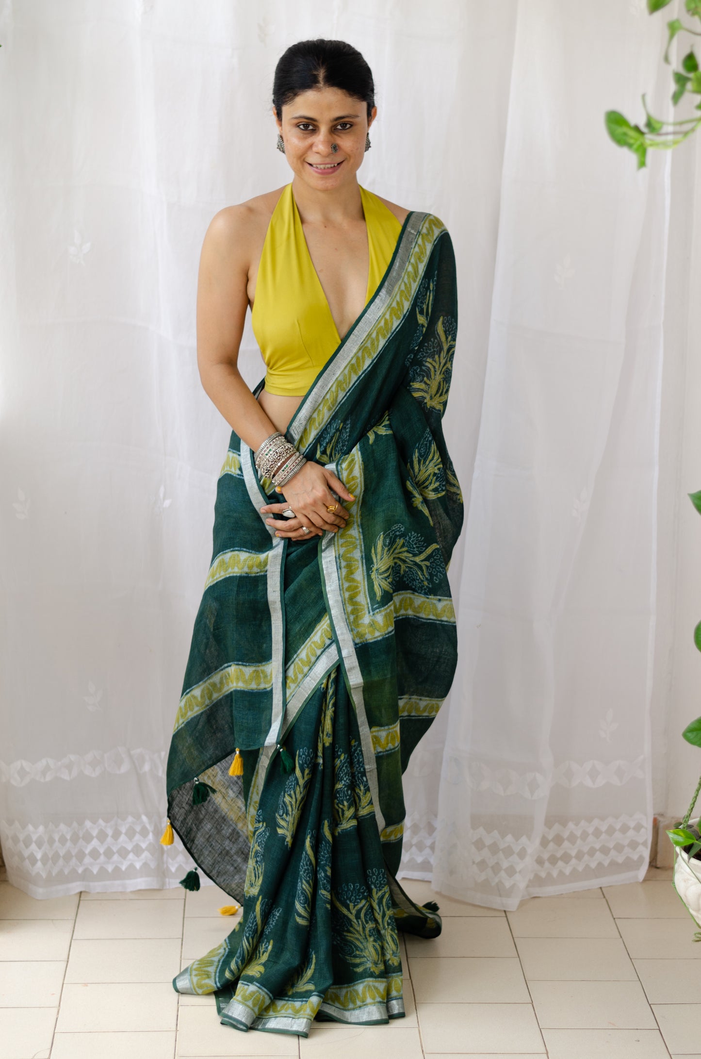 Hand block printed Pure linen Saree with tassels