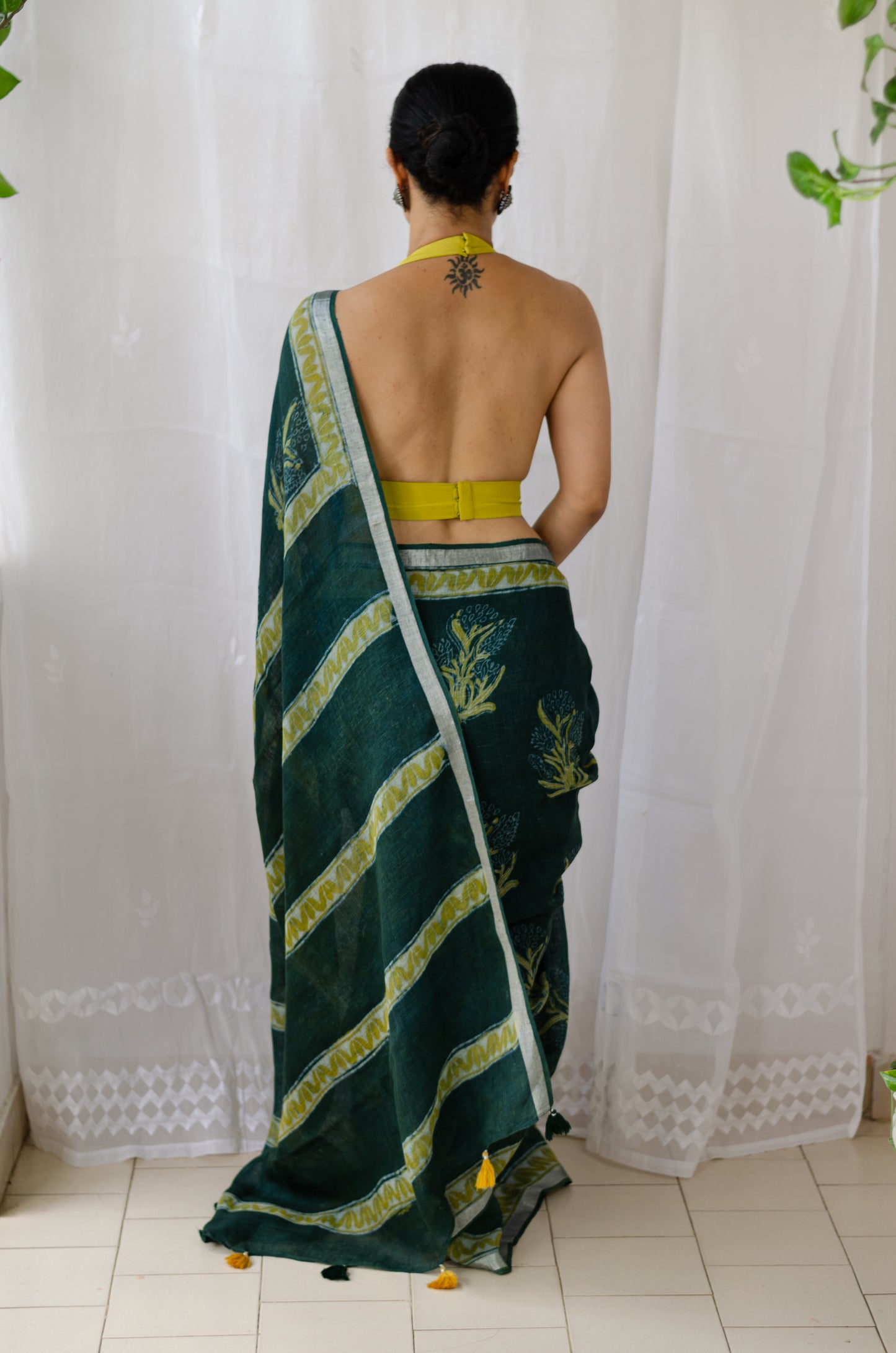Hand block printed Pure linen Saree with tassels
