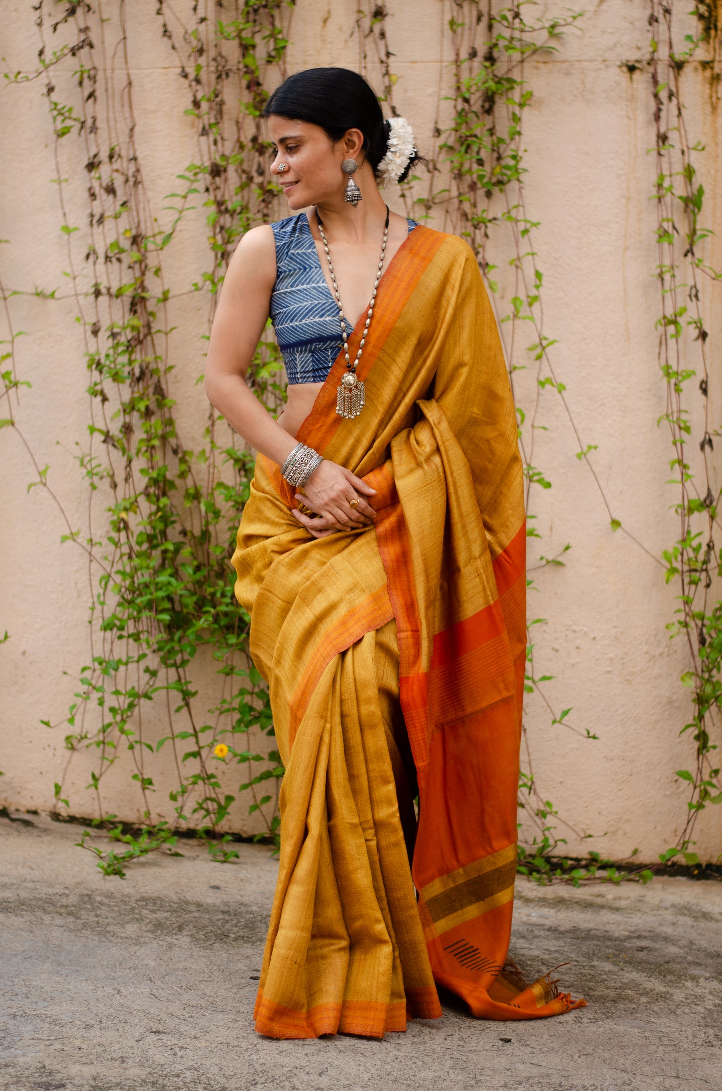 Mustard Colour Handloom Tussar Silk Saree