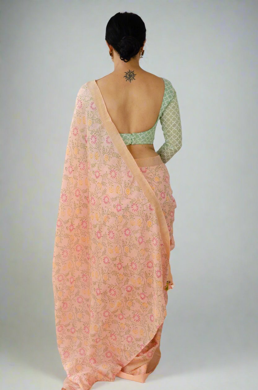 Handloom Linen Saree In Handblock Print.