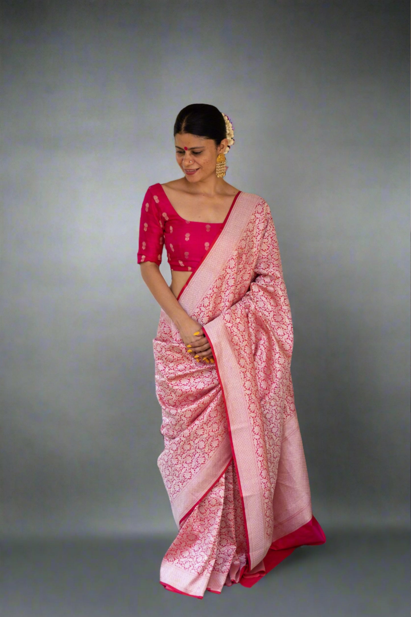 Pink Colour with Silver Handloom brocade Katan Silk Banarasi Saree