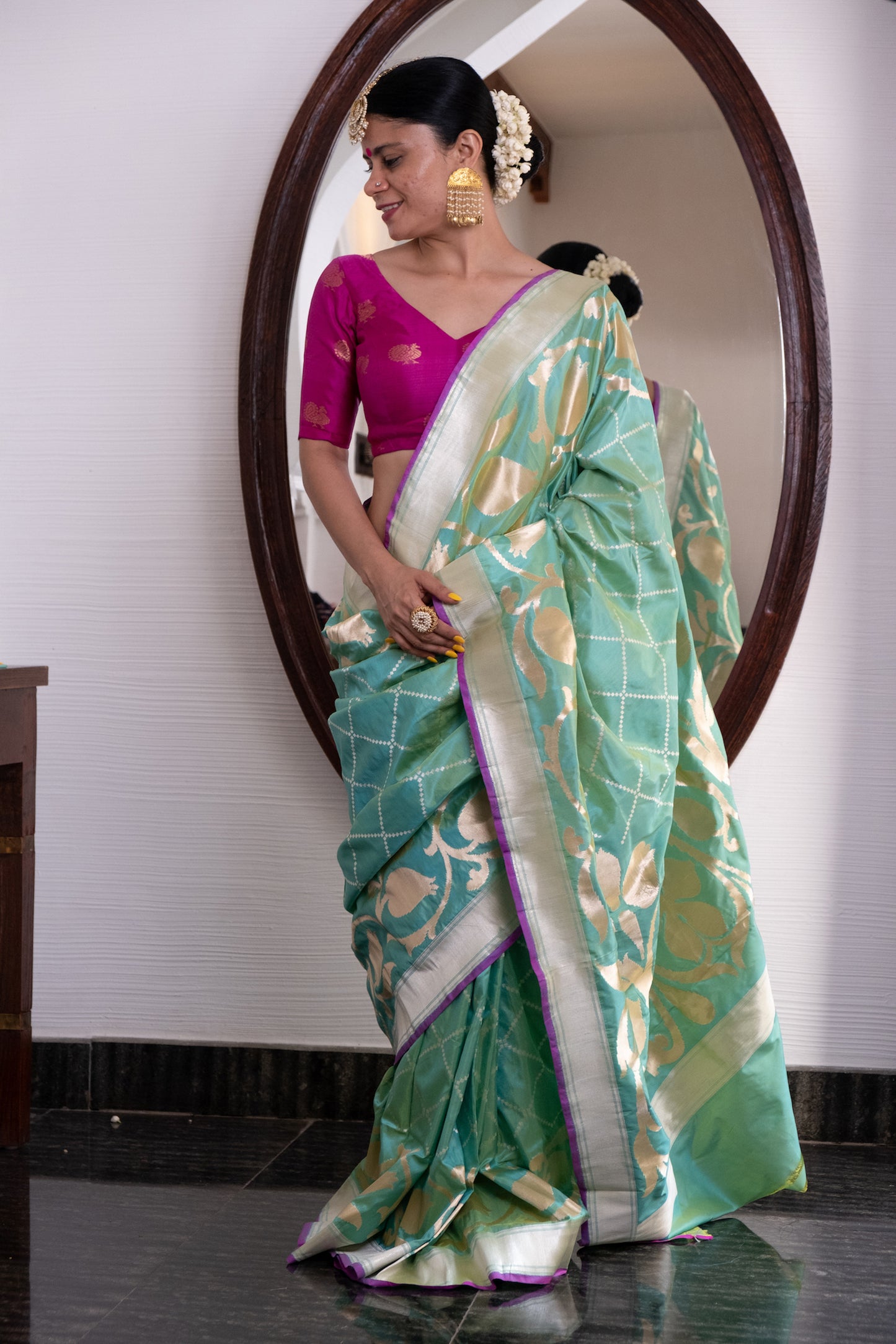 Pista Green Colour Cut Work Handloom Katan Silk Banarasi Designer Saree