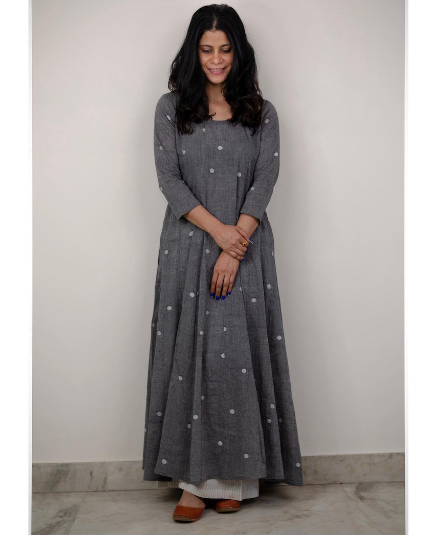 Hand -spun & Handwoven Jamdnai cotton kalidar anarkali kurta.