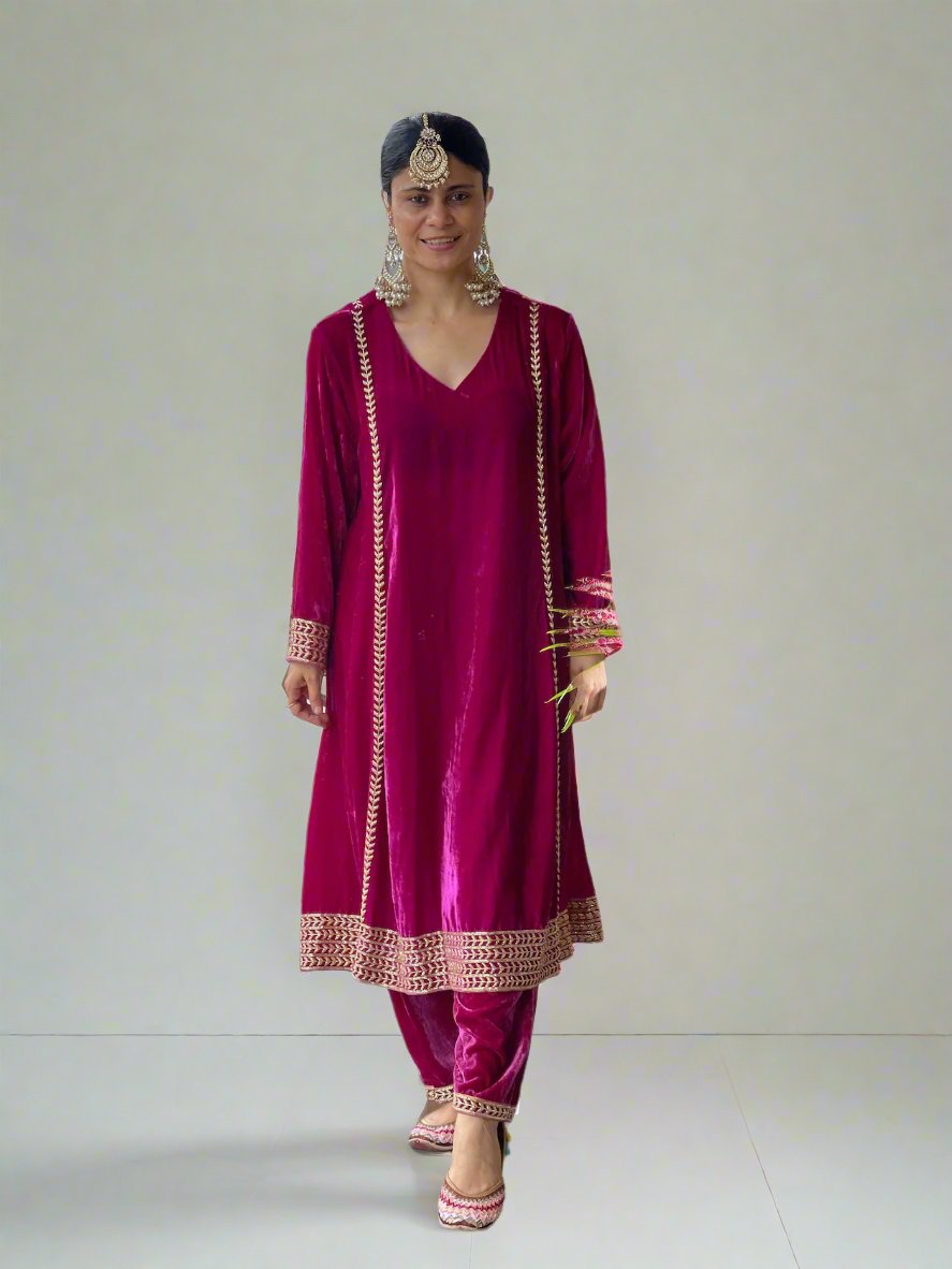 Hand embroidered Pure Silk Velevet kalidar Kurta with Pant