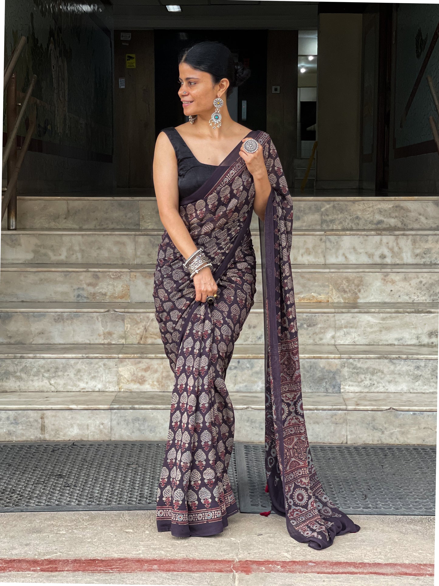 Pure Chiffon HandBlock Printed Natural Dyed Ajrak Saree With Tassels