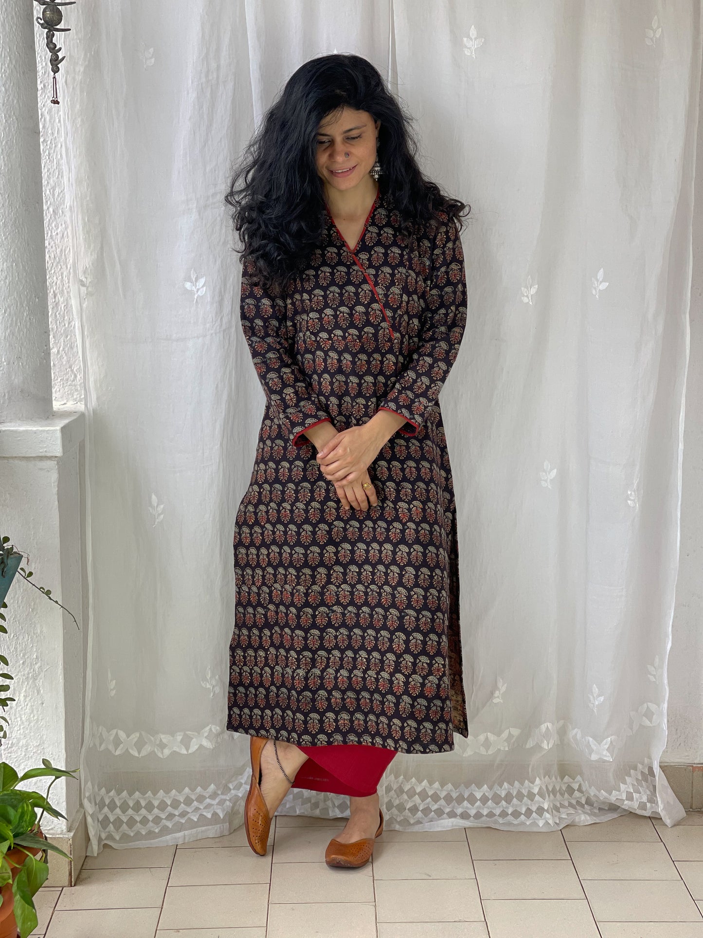 Handwoven & Handspun Cotton Handblock Printed Ajrakh Kurta With Pockets.