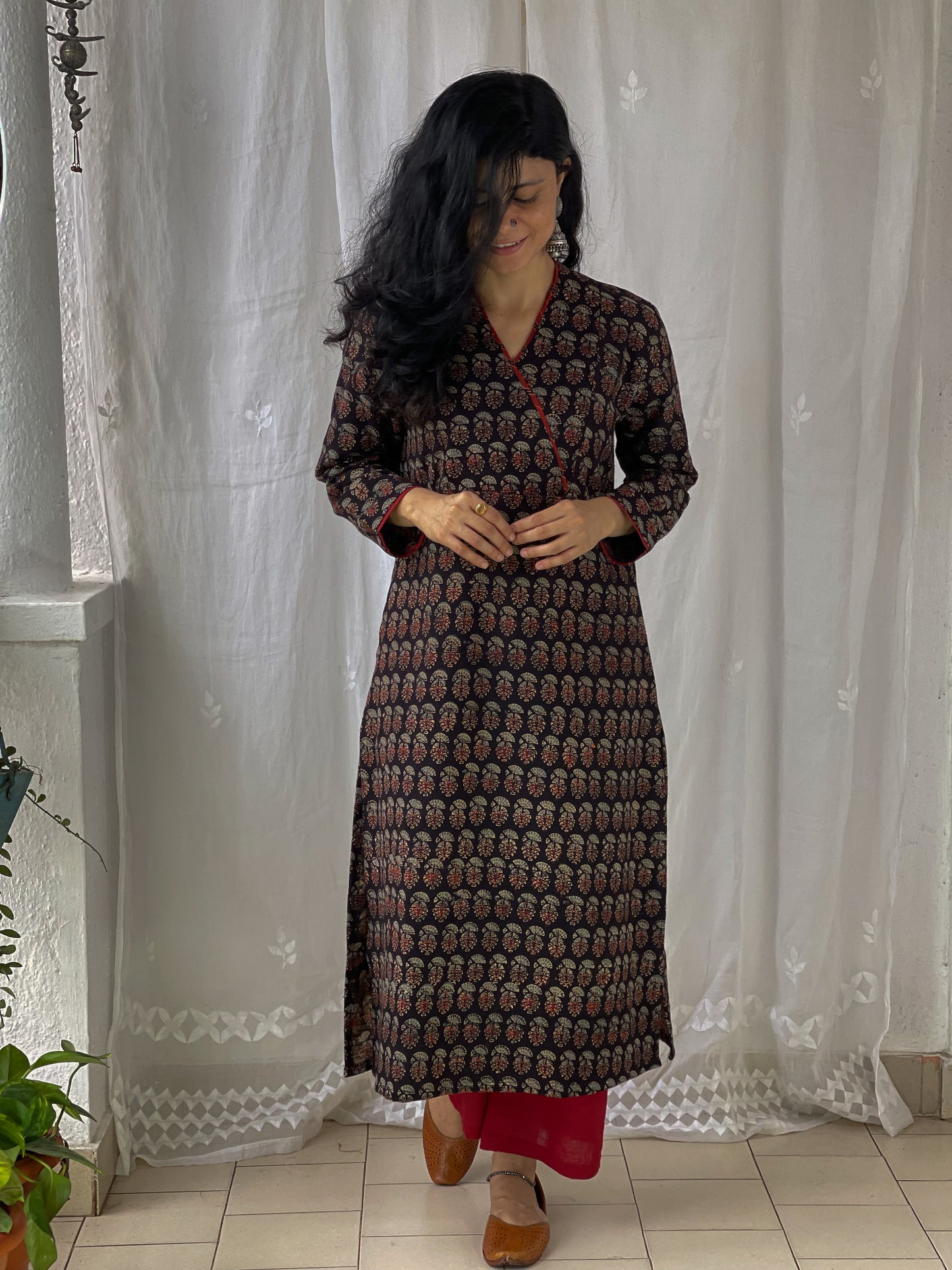 Handwoven & Handspun Cotton Handblock Printed Ajrakh Kurta With Pockets.